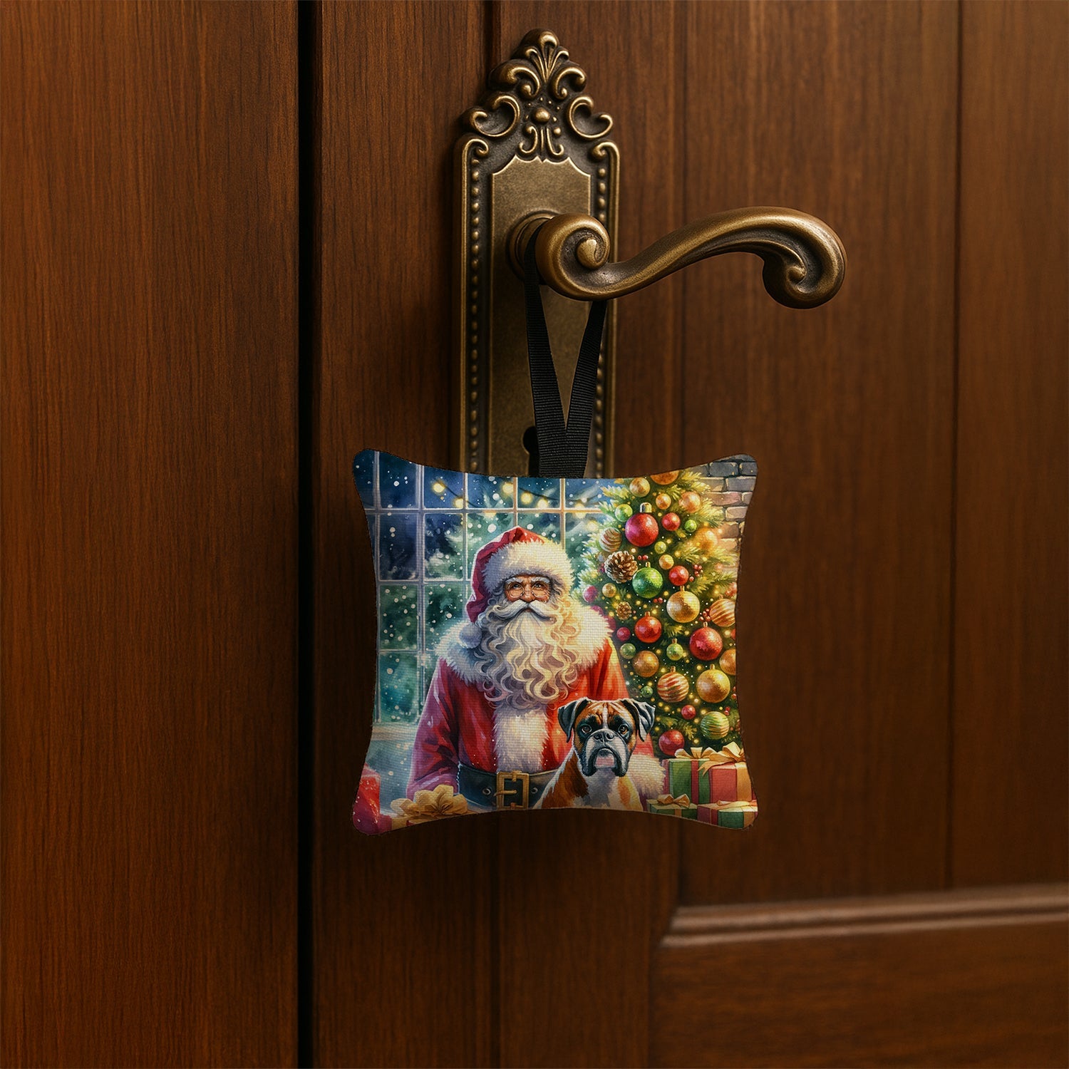 Boxer and Santa Claus Hanging Square Fabric Ornament 3.5 × 3.5 Decorative Door-Knob & Tree Hanger, Soft Fabric
