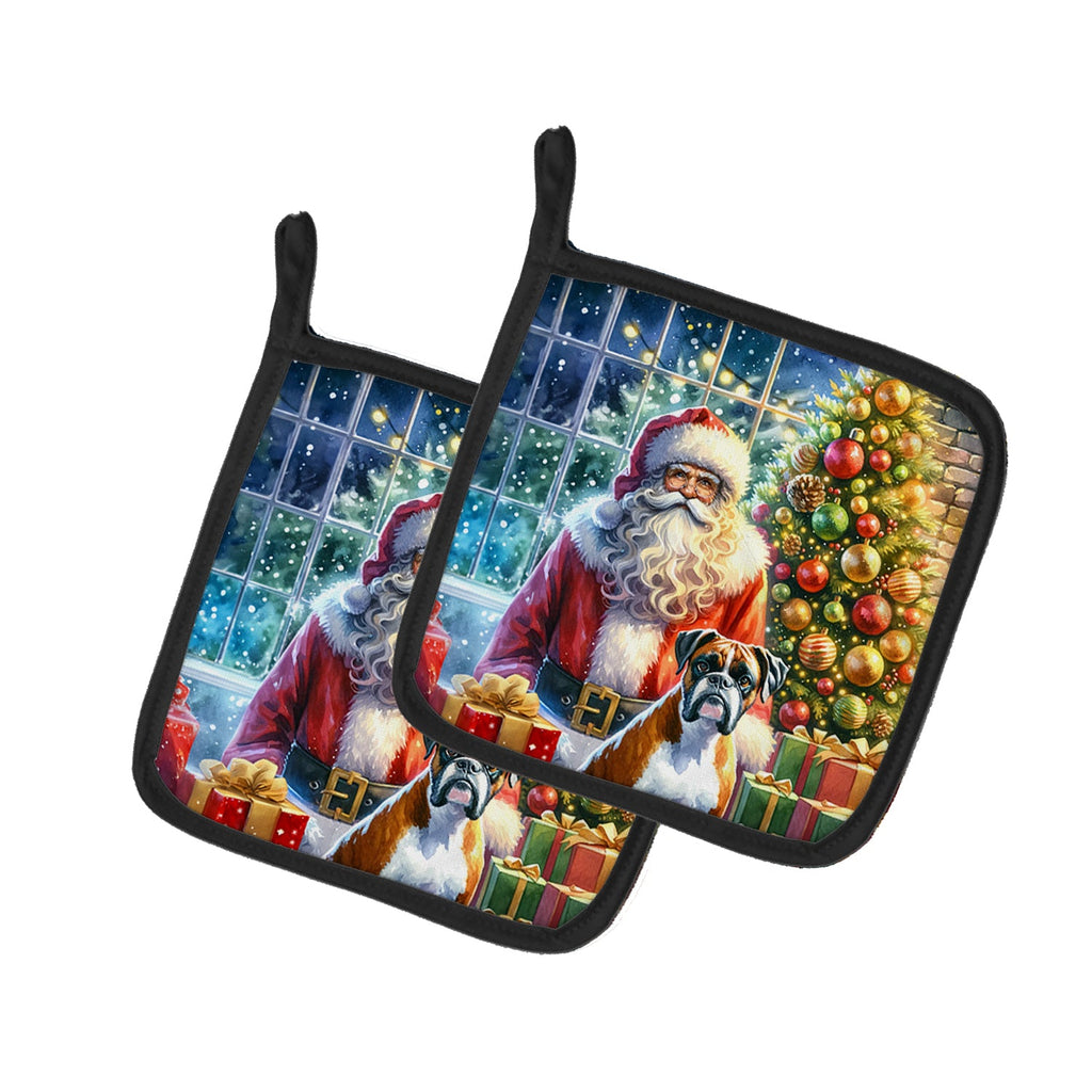 Boxer and Santa Claus Pot Holder Set of 2 Heat Resistant Quilted Hot Pads 7.5 x 7.5 Inch, Insulated Kitchen Trivets for Cooking & Baking