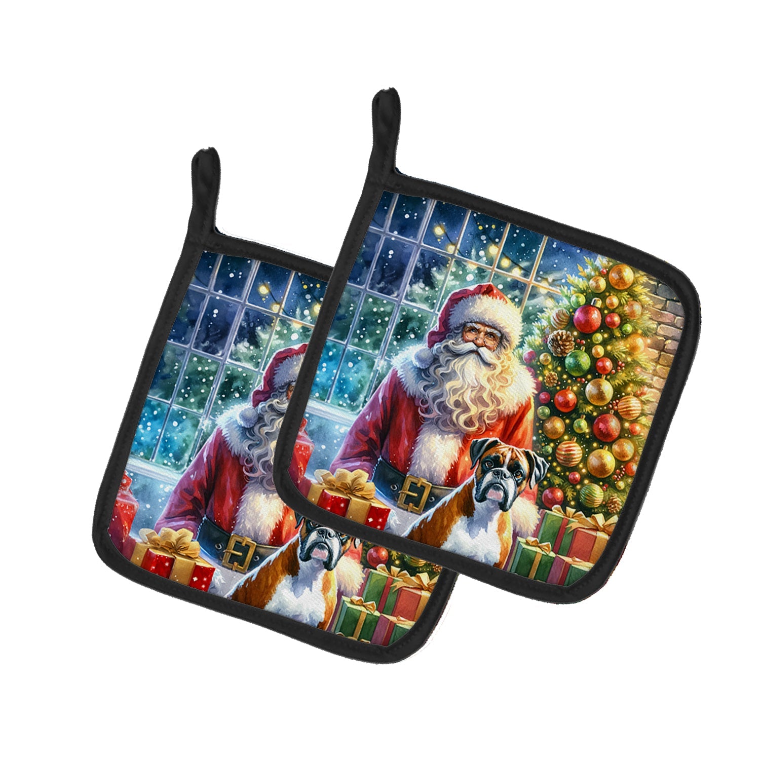 Boxer and Santa Claus Pot Holder Set of 2 Heat Resistant Quilted Hot Pads 7.5 x 7.5 Inch, Insulated Kitchen Trivets for Cooking & Baking