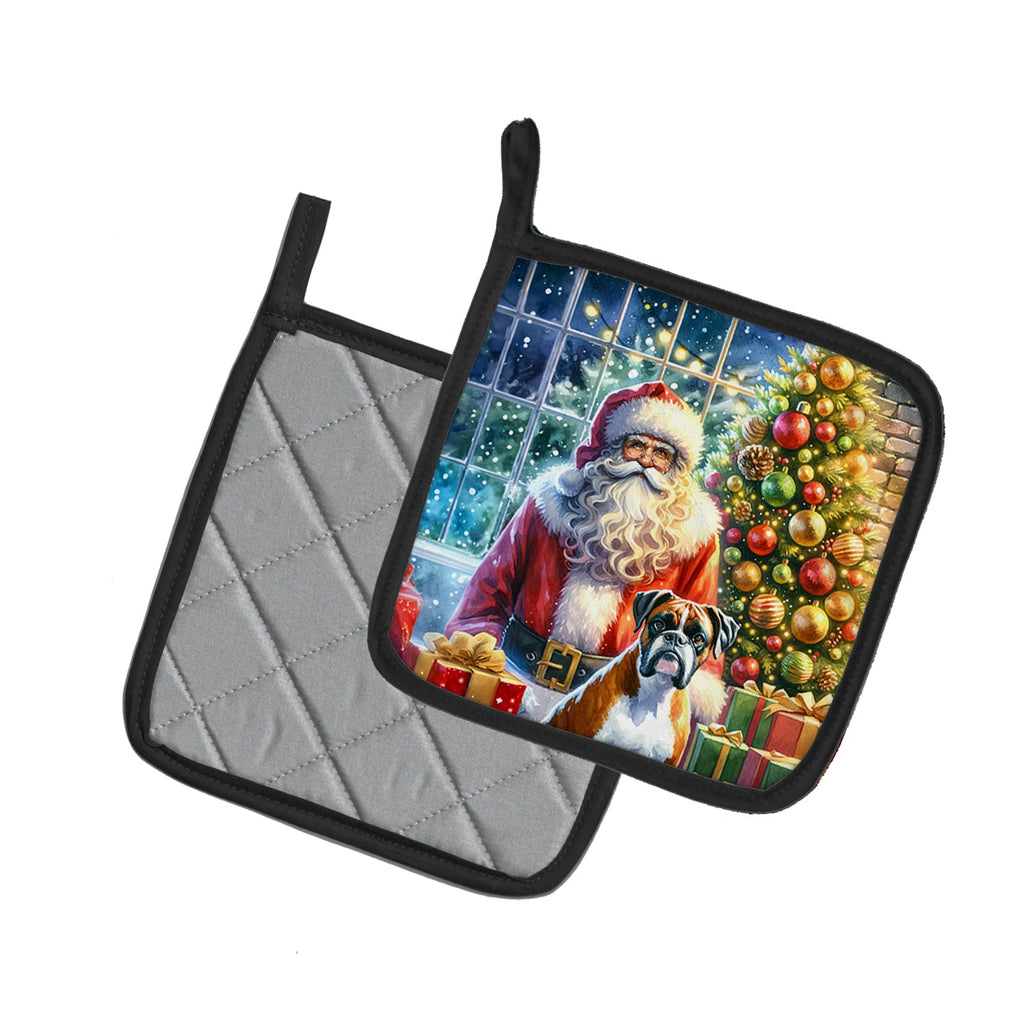 Boxer and Santa Claus Pot Holder Set of 2 Heat Resistant Quilted Hot Pads 7.5 x 7.5 Inch, Insulated Kitchen Trivets for Cooking & Baking
