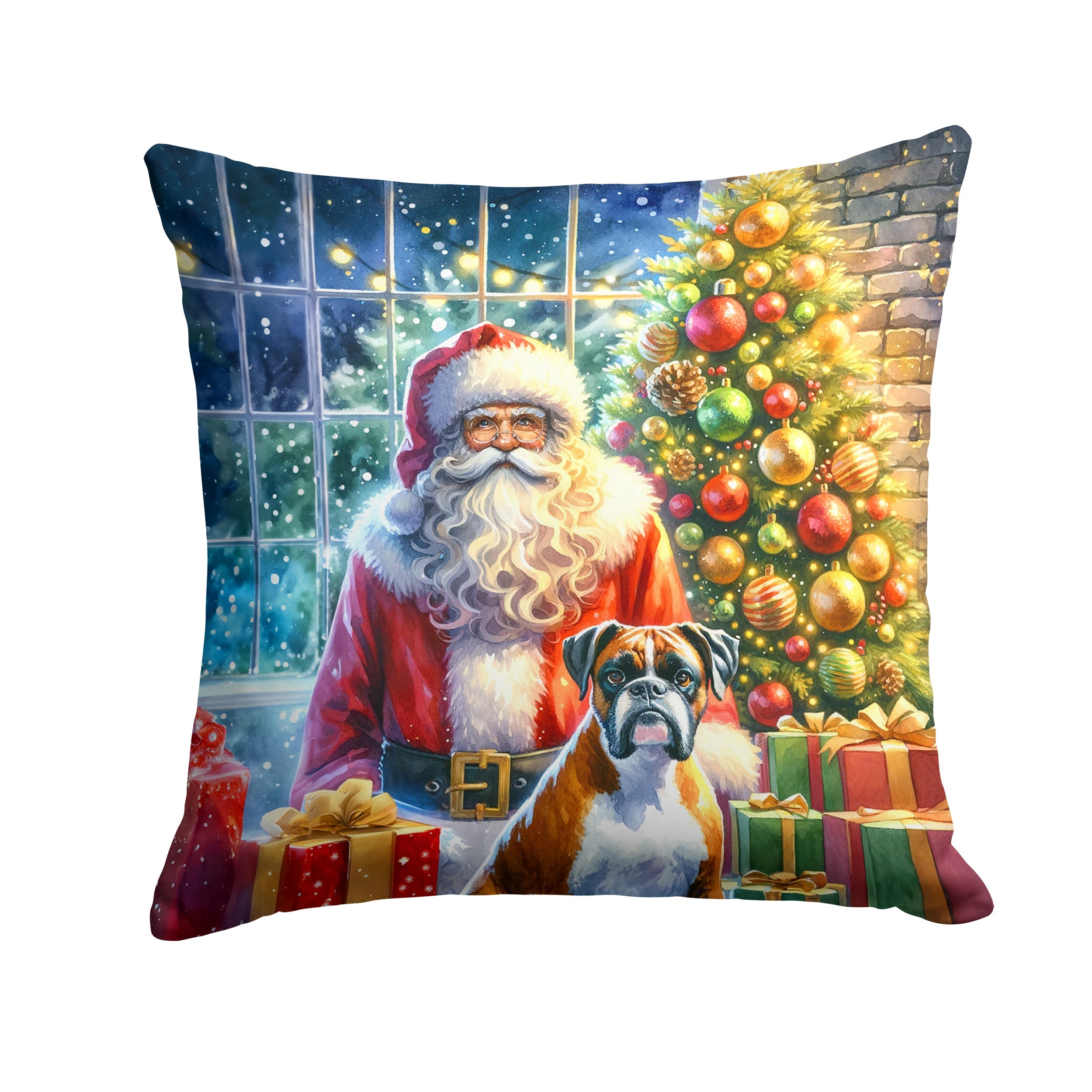 Boxer and Santa Claus Decorative Throw Pillow 14x14 Indoor Outdoor Accent Cushion, Fabric Cover with Insert for Sofa, Bed, Porch & Living Room