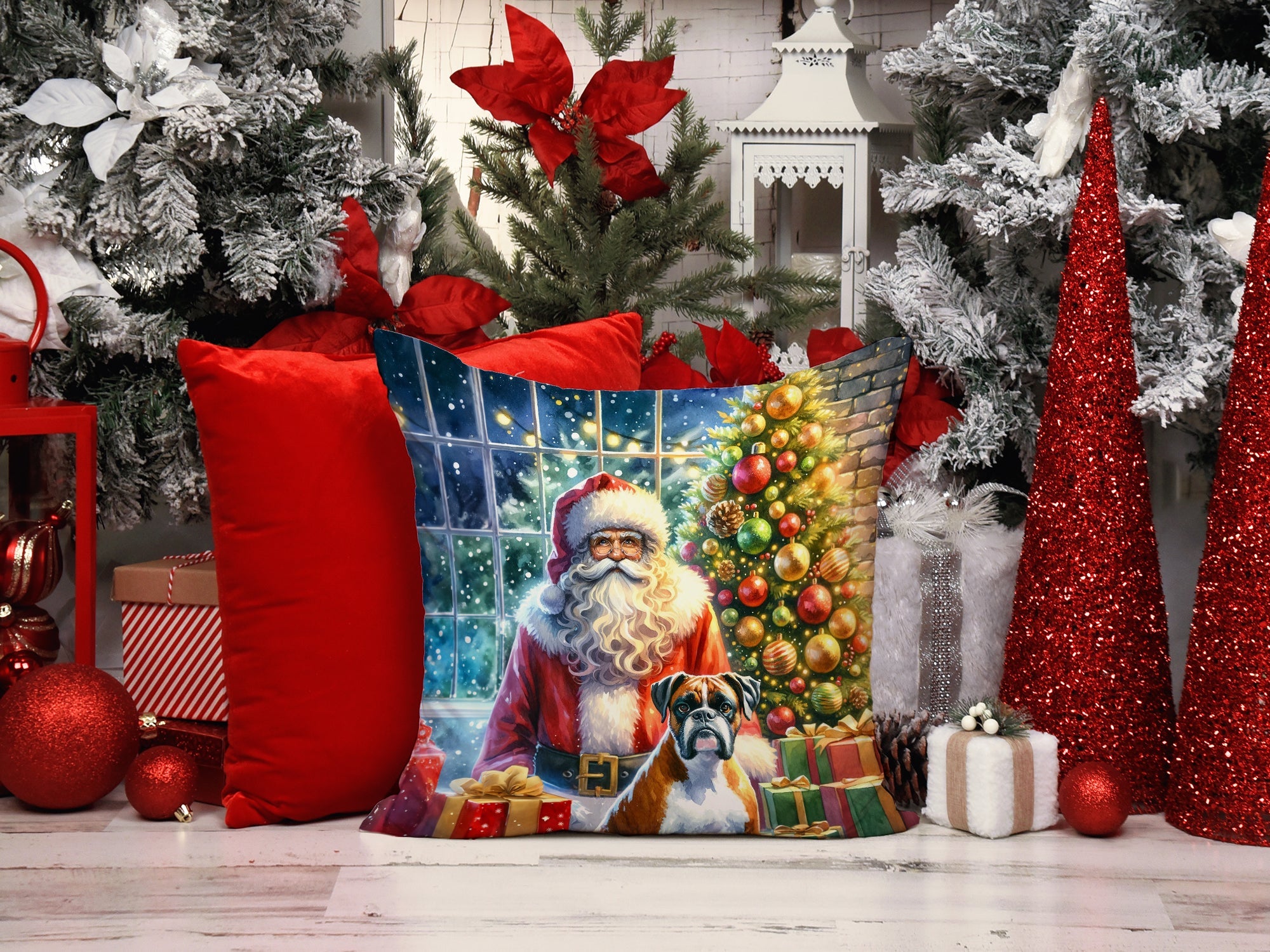 Boxer and Santa Claus Decorative Throw Pillow 14x14 Indoor Outdoor Accent Cushion, Fabric Cover with Insert for Sofa, Bed, Porch & Living Room
