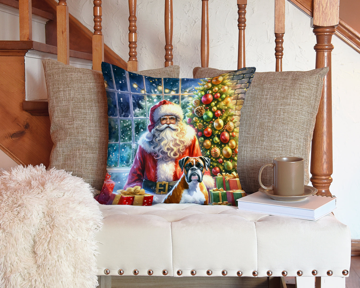 Boxer and Santa Claus Decorative Throw Pillow 14x14 Indoor Outdoor Accent Cushion, Fabric Cover with Insert for Sofa, Bed, Porch & Living Room