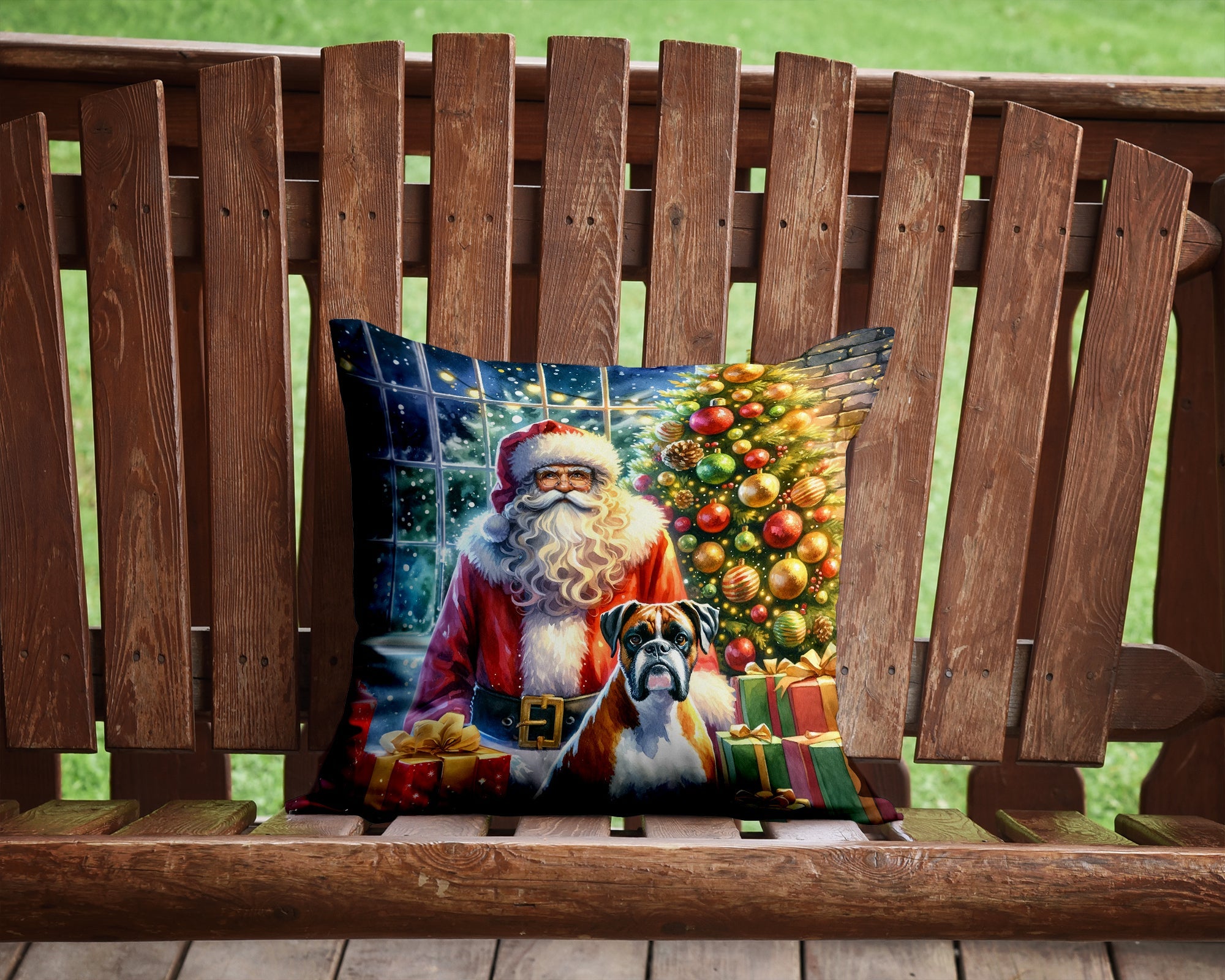 Boxer and Santa Claus Decorative Throw Pillow 14x14 Indoor Outdoor Accent Cushion, Fabric Cover with Insert for Sofa, Bed, Porch & Living Room