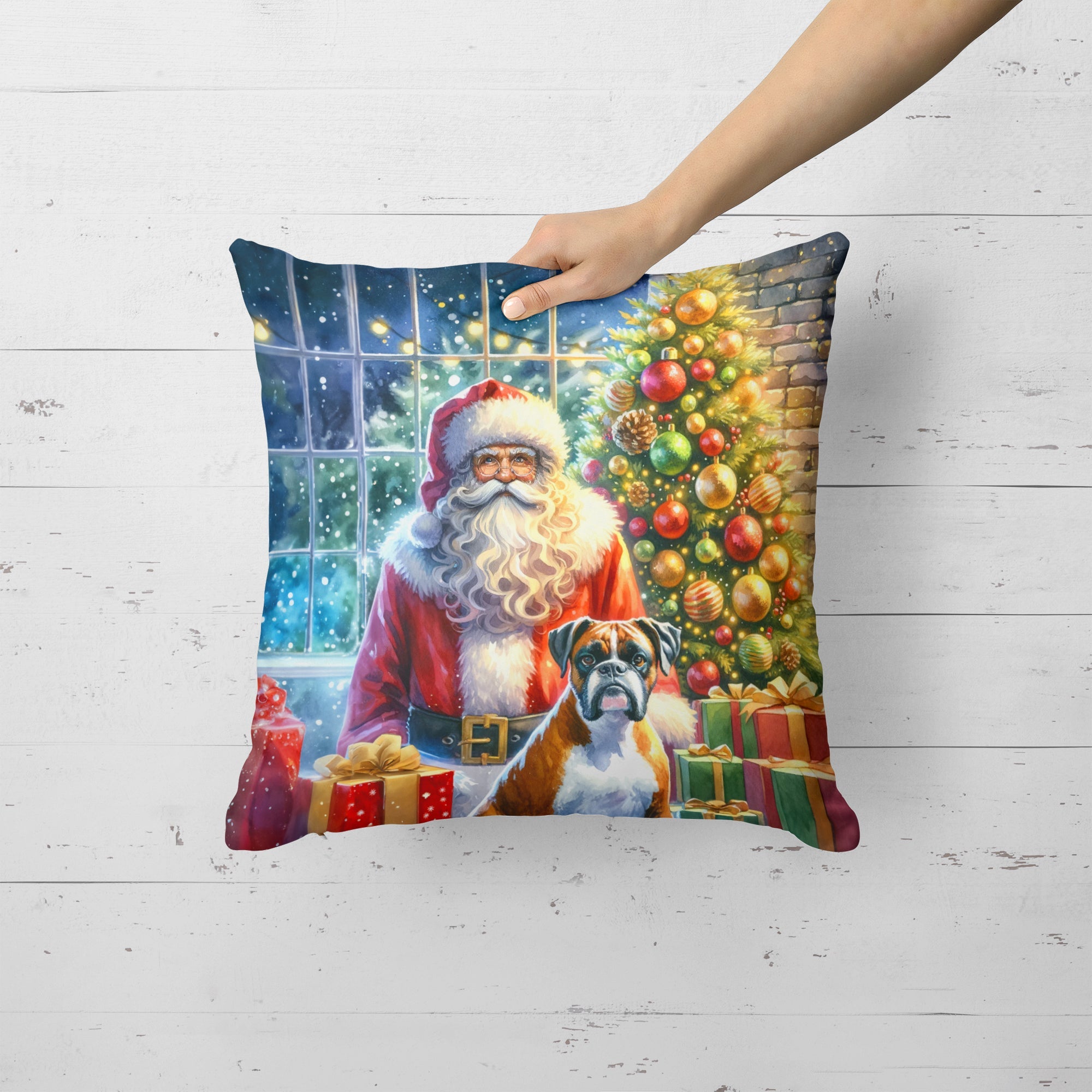 Boxer and Santa Claus Decorative Throw Pillow 18x18 Indoor Outdoor Accent Cushion, Fabric Cover with Insert for Sofa, Bed, Porch & Living Room