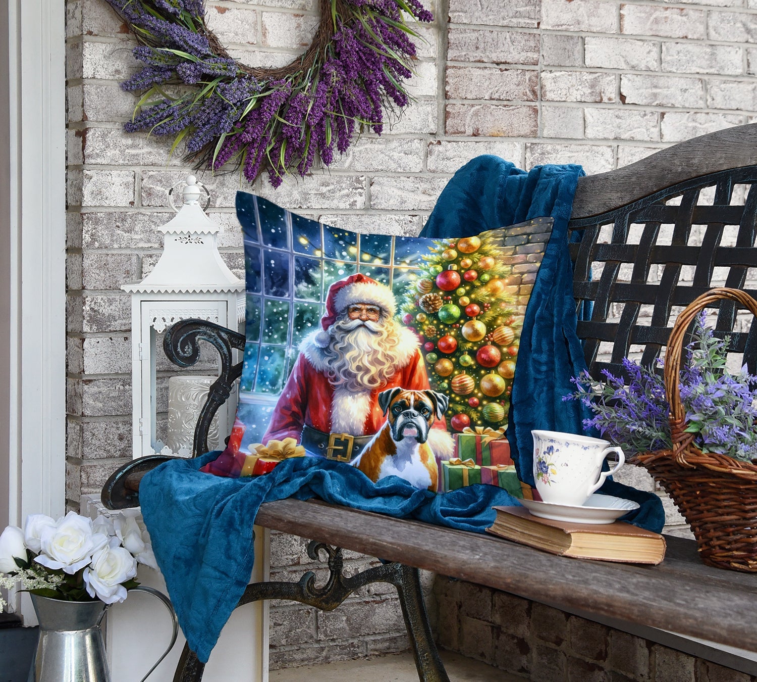 Boxer and Santa Claus Decorative Throw Pillow 18x18 Indoor Outdoor Accent Cushion, Fabric Cover with Insert for Sofa, Bed, Porch & Living Room