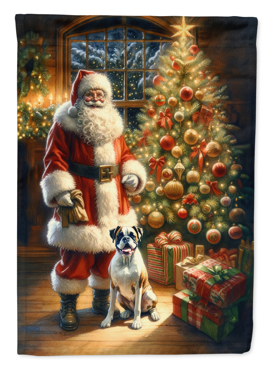 Boxer and Santa Claus House Flag 28x40 Porch Sleeve Pole Decorative Outside Yard Banner Artwork Wall Hanging, Polyester