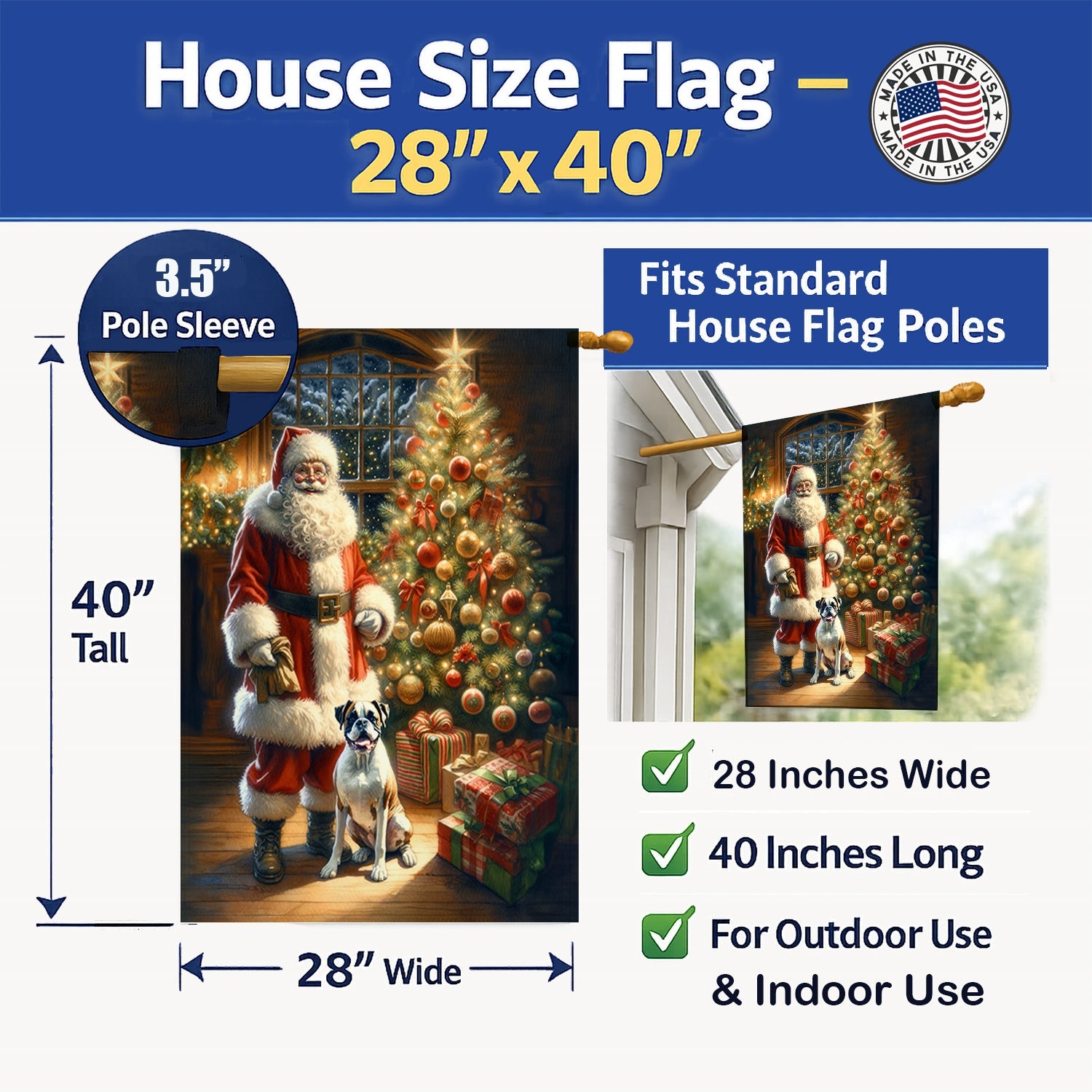 Boxer and Santa Claus House Flag 28x40 Porch Sleeve Pole Decorative Outside Yard Banner Artwork Wall Hanging, Polyester