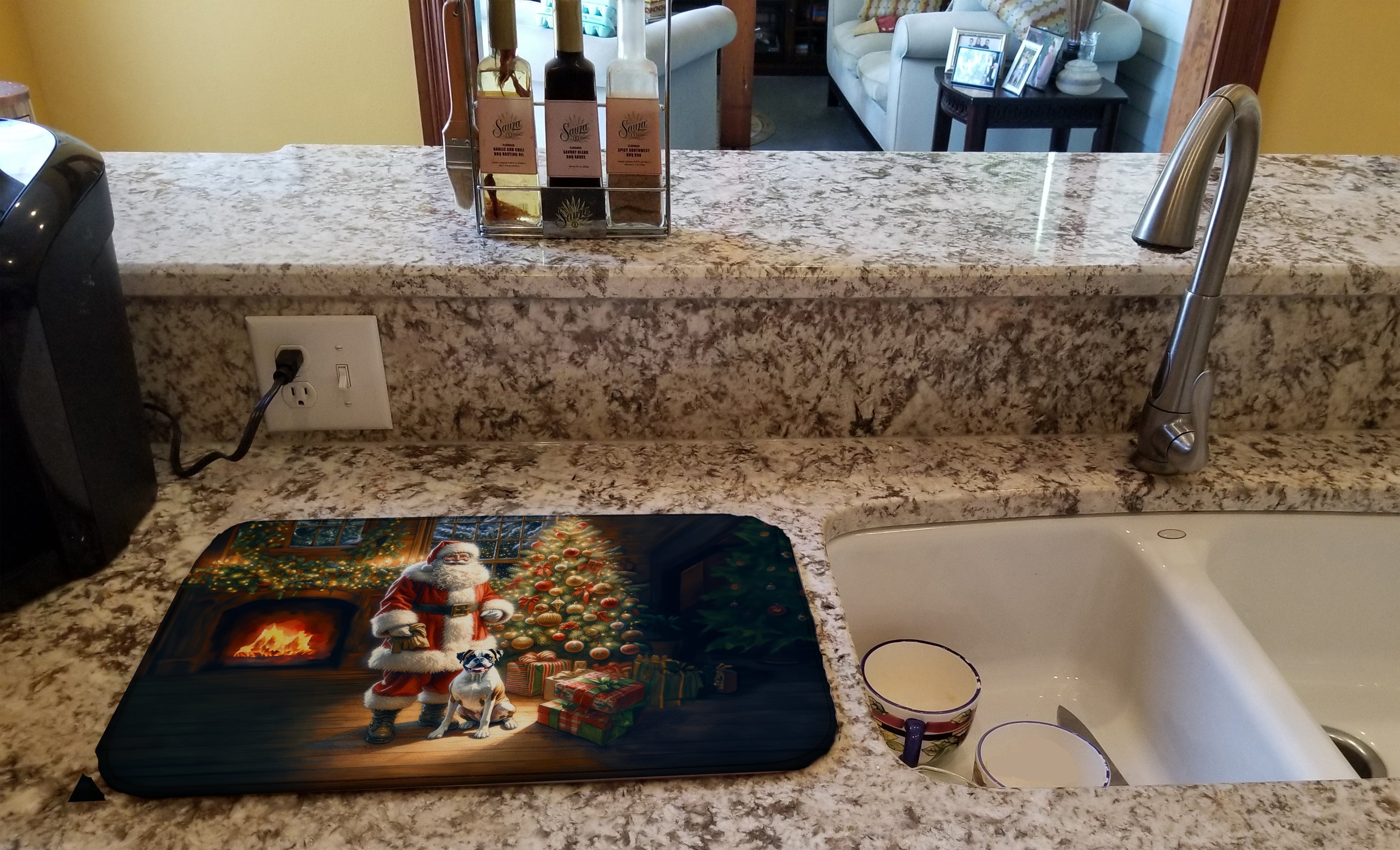 Boxer and Santa Claus Dish Drying Mat Absorbent Dish Drying Mat Pad for Kitchen Counter Dish Drainer Mat for Countertop, 14 x 21", Multicolor