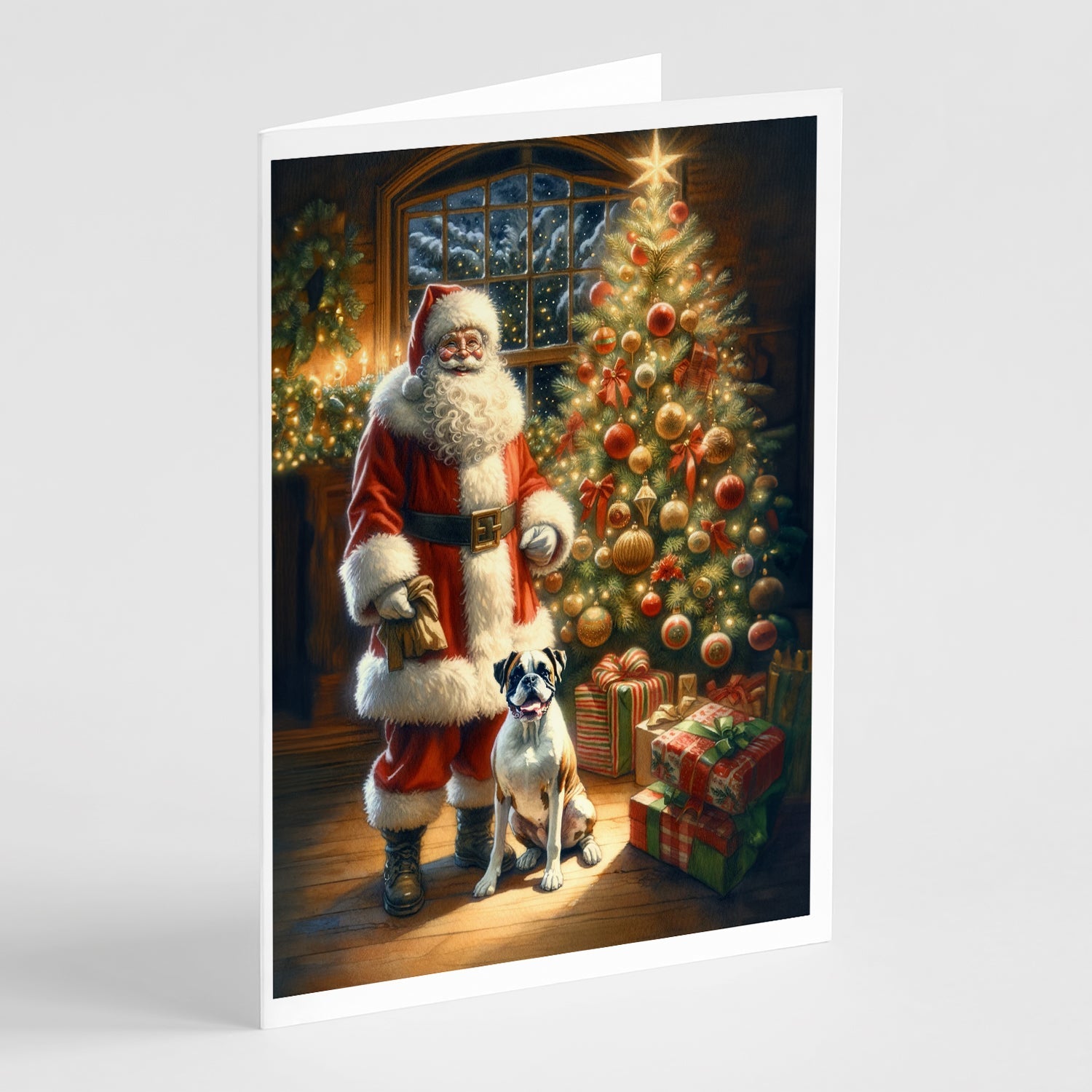 Boxer and Santa Claus Greeting Cards Pack of 8 Blank Cards with Envelopes Whimsical A7 Size 5x7