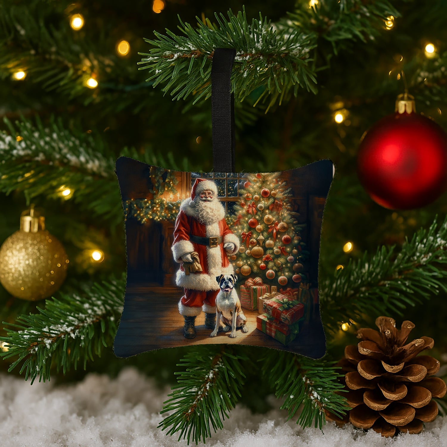 Boxer and Santa Claus Hanging Square Fabric Ornament 3.5 × 3.5 Decorative Door-Knob & Tree Hanger, Soft Fabric