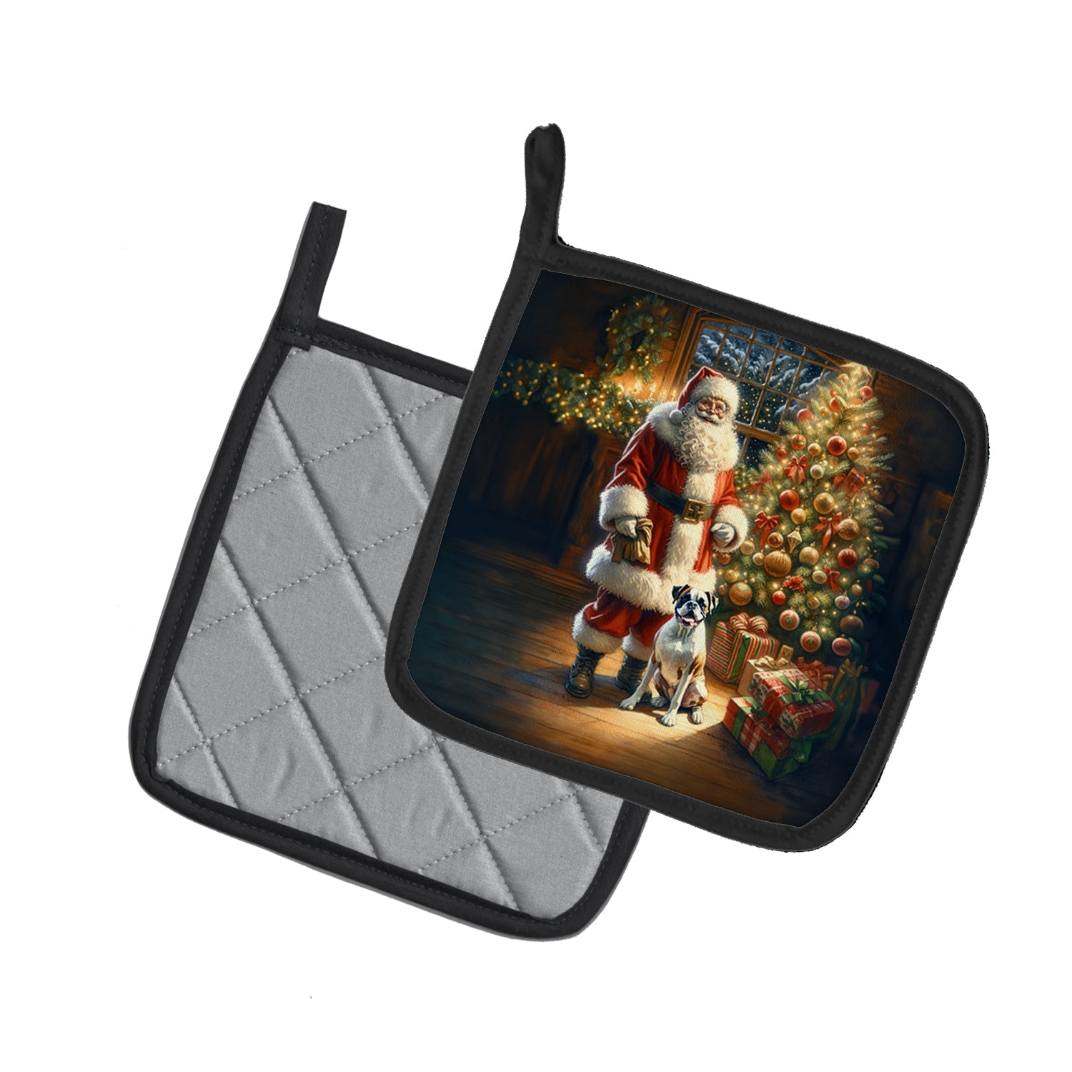 Boxer and Santa Claus Pot Holder Set of 2 Heat Resistant Quilted Hot Pads 7.5 x 7.5 Inch, Insulated Kitchen Trivets for Cooking & Baking