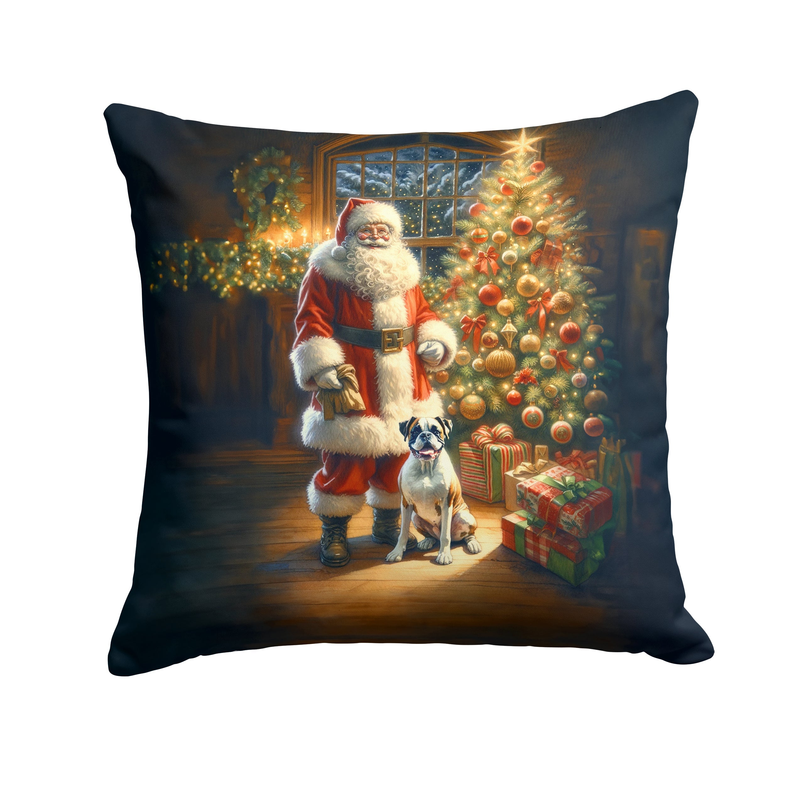 Boxer and Santa Claus Decorative Throw Pillow 14x14 Indoor Outdoor Accent Cushion, Fabric Cover with Insert for Sofa, Bed, Porch & Living Room