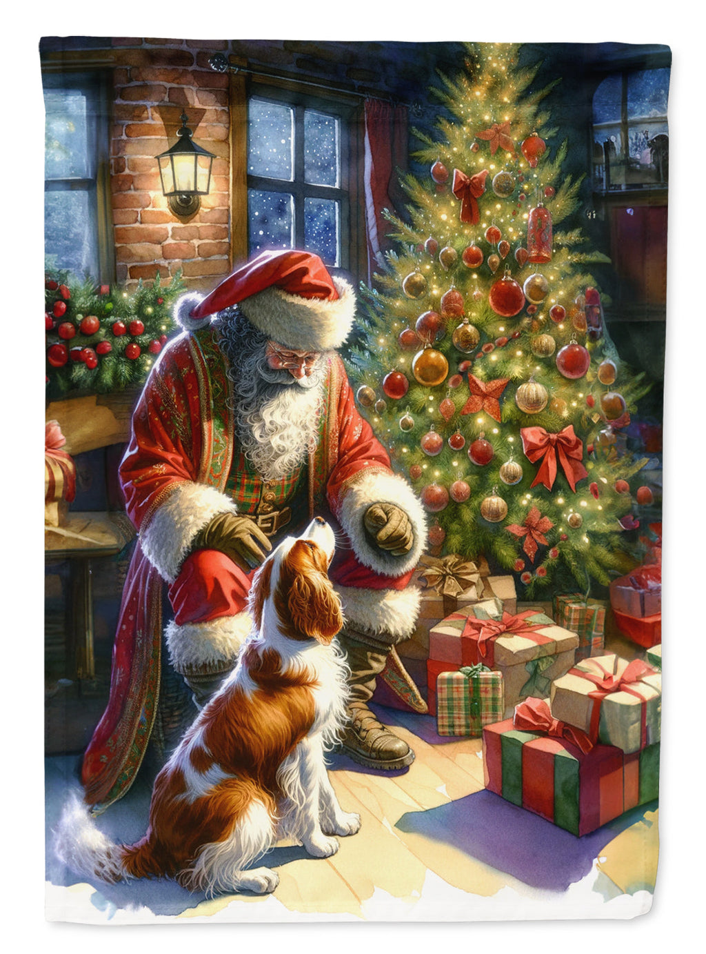 Brittany and Santa Claus House Flag 28x40 Porch Sleeve Pole Decorative Outside Yard Banner Artwork Wall Hanging, Polyester