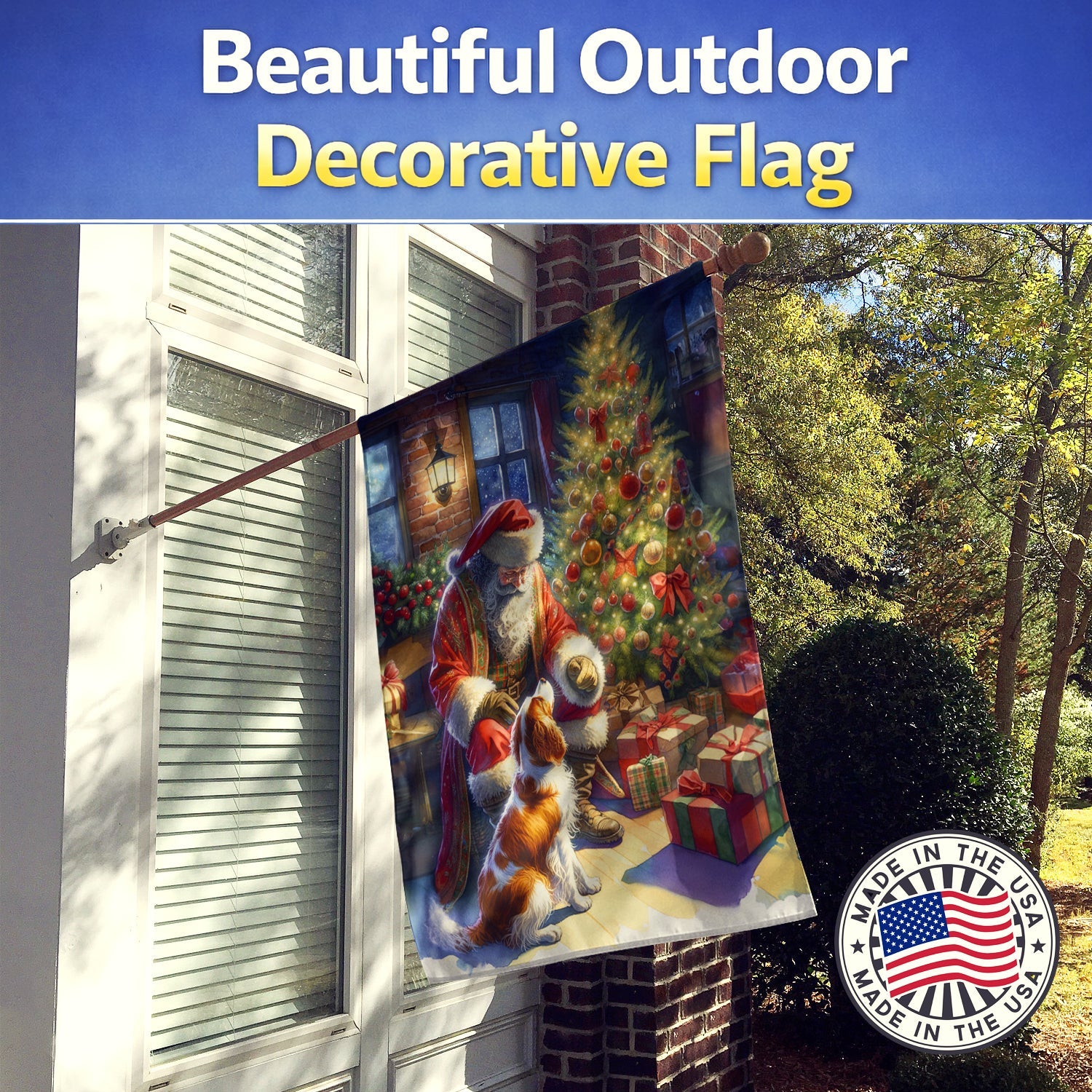 Brittany and Santa Claus House Flag 28x40 Porch Sleeve Pole Decorative Outside Yard Banner Artwork Wall Hanging, Polyester