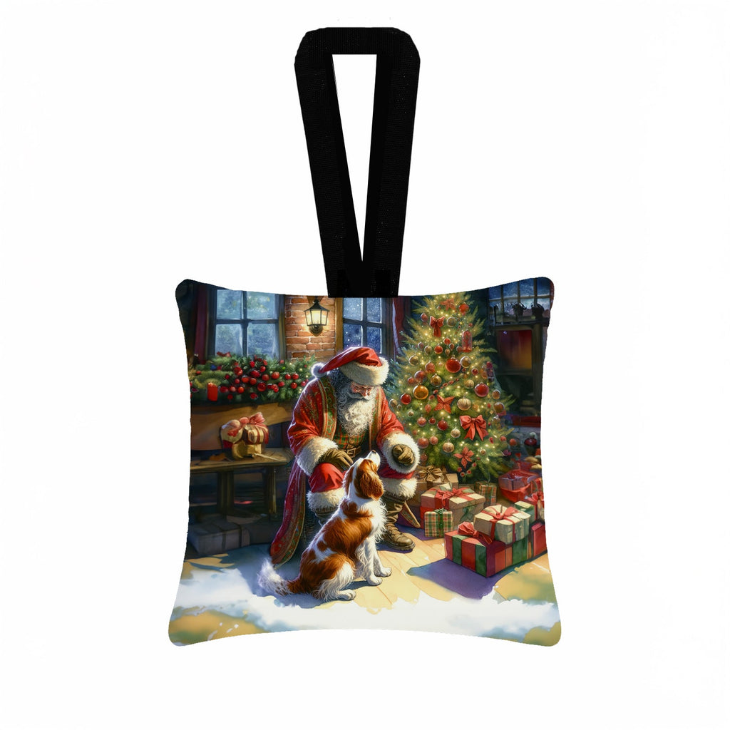 Brittany and Santa Claus Hanging Square Fabric Ornament 3.5 × 3.5 Decorative Door-Knob & Tree Hanger, Soft Fabric
