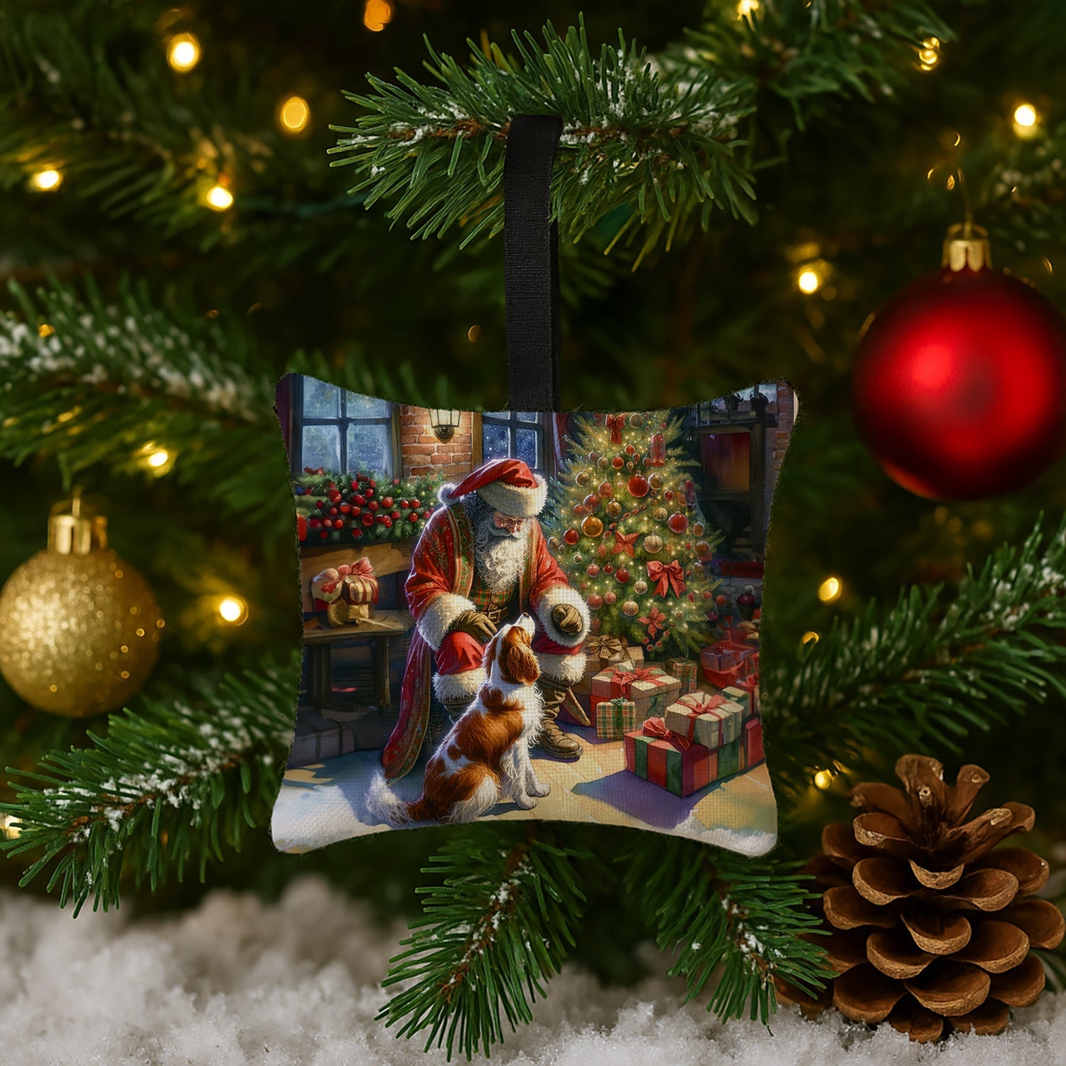 Brittany and Santa Claus Hanging Square Fabric Ornament 3.5 × 3.5 Decorative Door-Knob & Tree Hanger, Soft Fabric