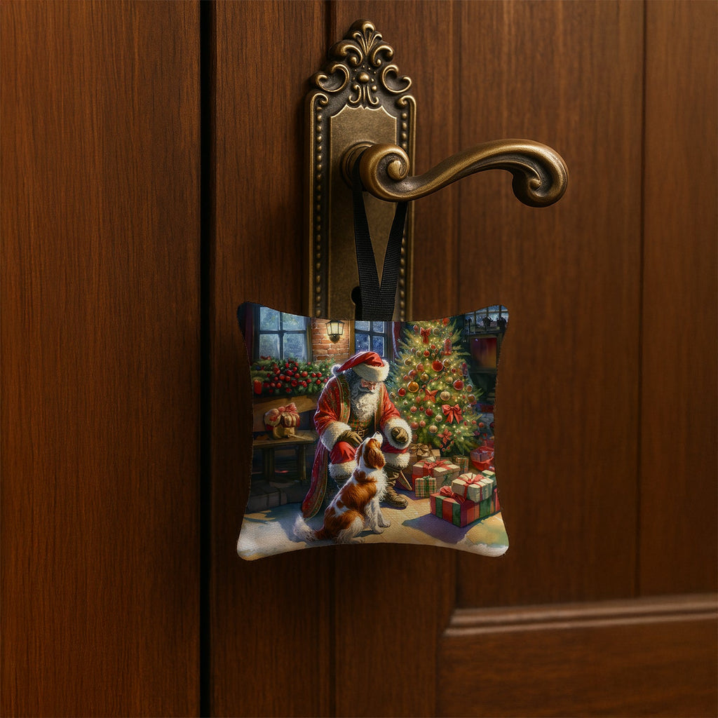 Brittany and Santa Claus Hanging Square Fabric Ornament 3.5 × 3.5 Decorative Door-Knob & Tree Hanger, Soft Fabric