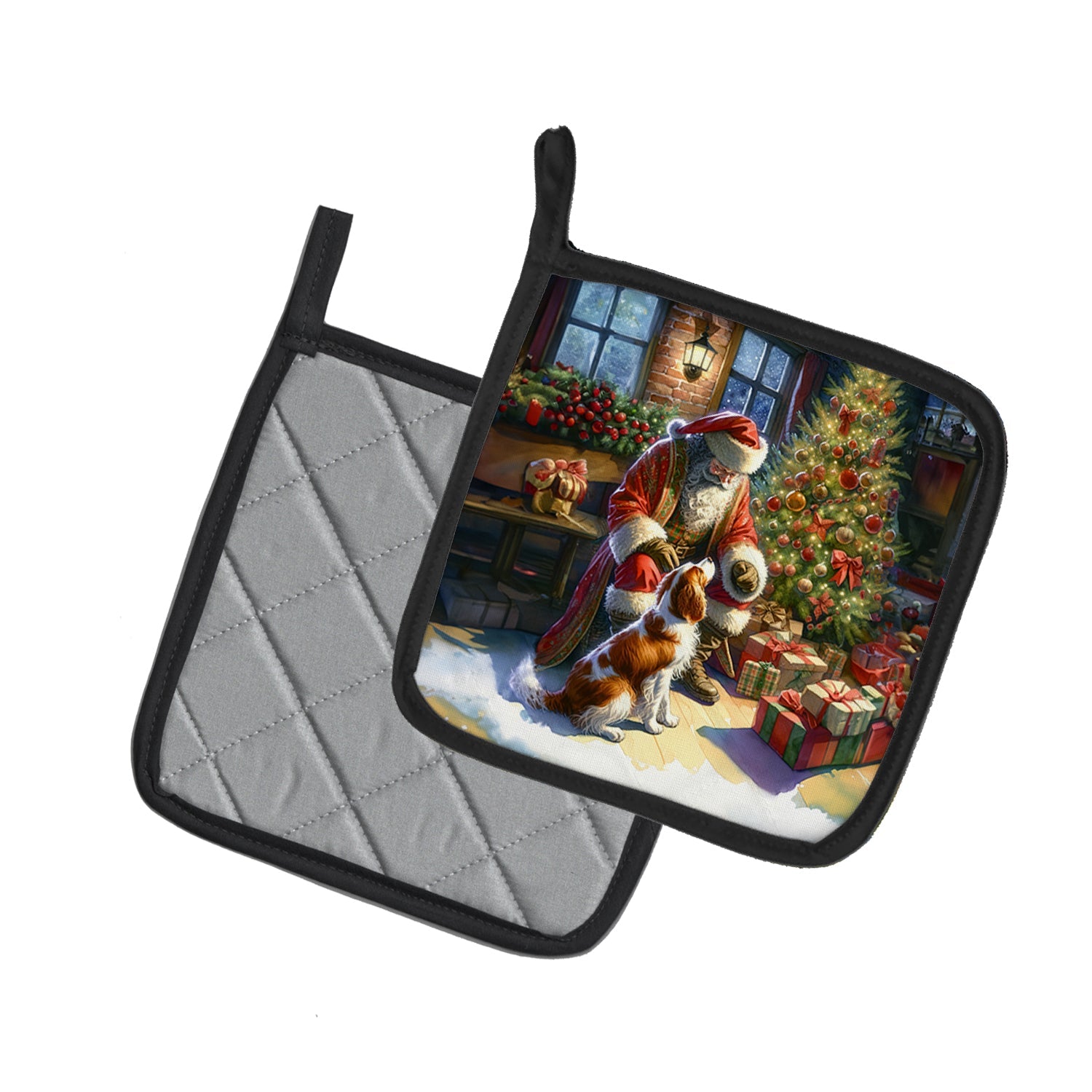 Brittany and Santa Claus Pot Holder Set of 2 Heat Resistant Quilted Hot Pads 7.5 x 7.5 Inch, Insulated Kitchen Trivets for Cooking & Baking