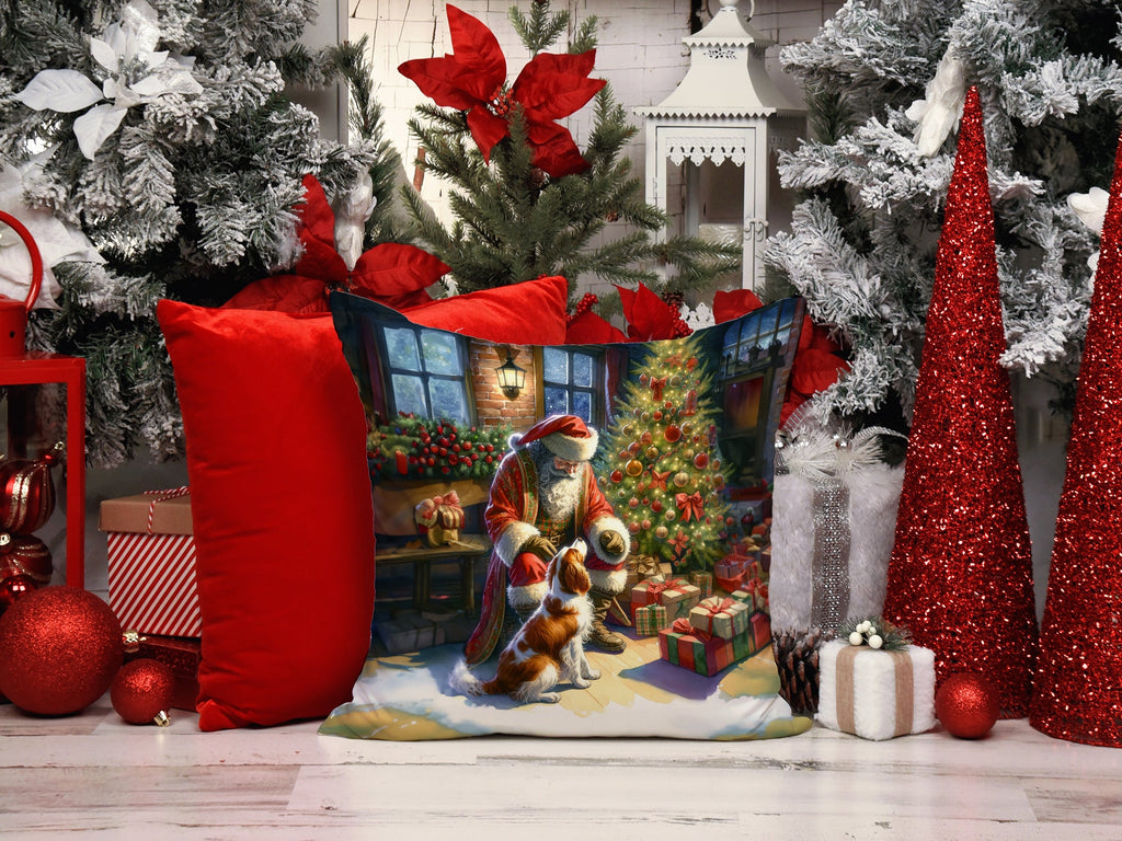 Brittany and Santa Claus Decorative Throw Pillow 14x14 Indoor Outdoor Accent Cushion, Fabric Cover with Insert for Sofa, Bed, Porch & Living Room