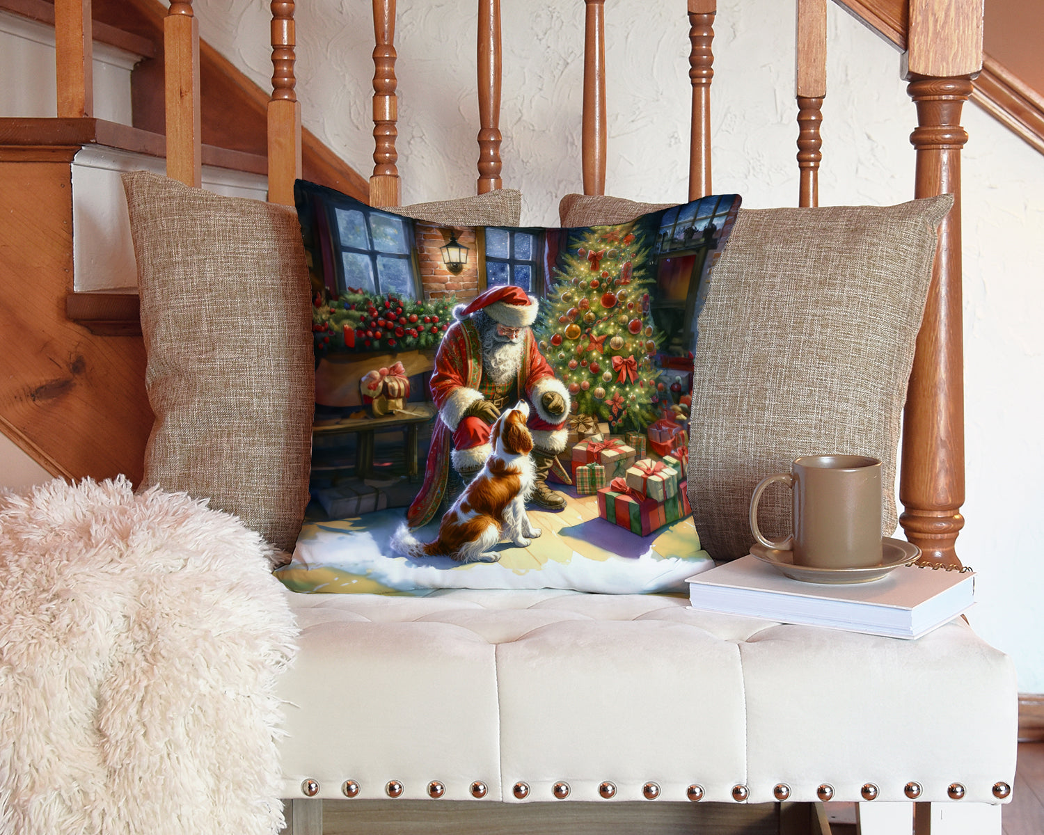 Brittany and Santa Claus Decorative Throw Pillow 14x14 Indoor Outdoor Accent Cushion, Fabric Cover with Insert for Sofa, Bed, Porch & Living Room