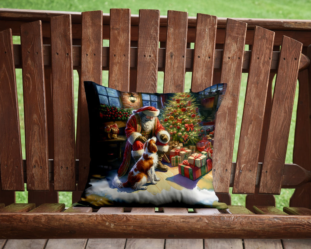 Brittany and Santa Claus Decorative Throw Pillow 14x14 Indoor Outdoor Accent Cushion, Fabric Cover with Insert for Sofa, Bed, Porch & Living Room