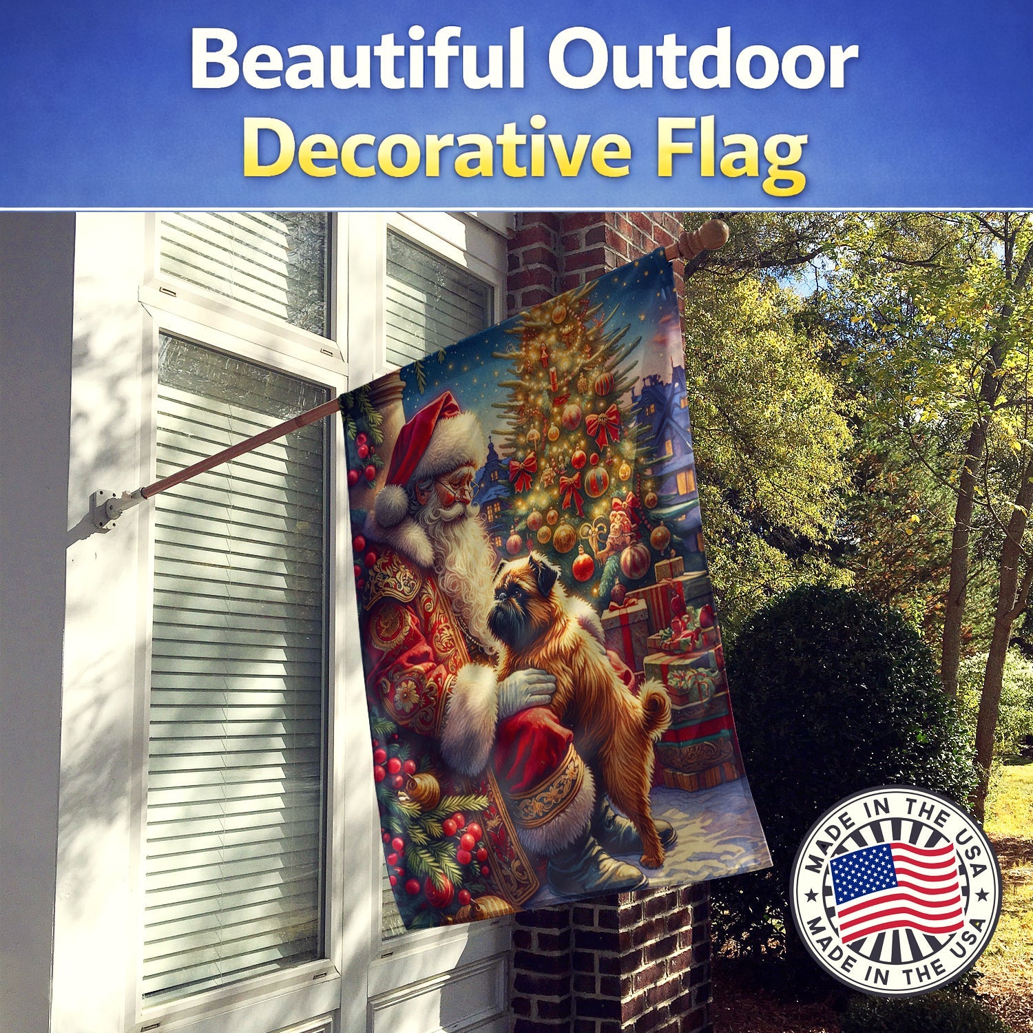 Brussels Griffon and Santa Claus House Flag 28x40 Porch Sleeve Pole Decorative Outside Yard Banner Artwork Wall Hanging, Polyester