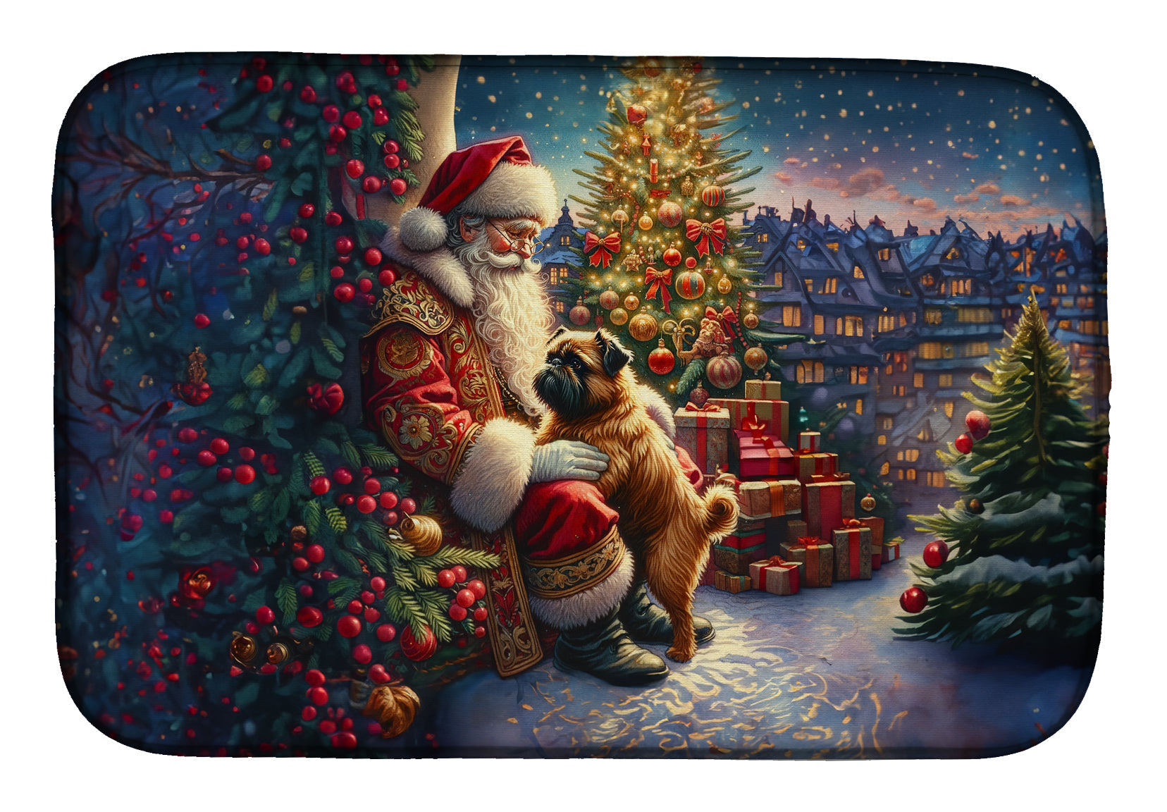 Brussels Griffon and Santa Claus Dish Drying Mat Absorbent Dish Drying Mat Pad for Kitchen Counter Dish Drainer Mat for Countertop, 14 x 21", Multicolor