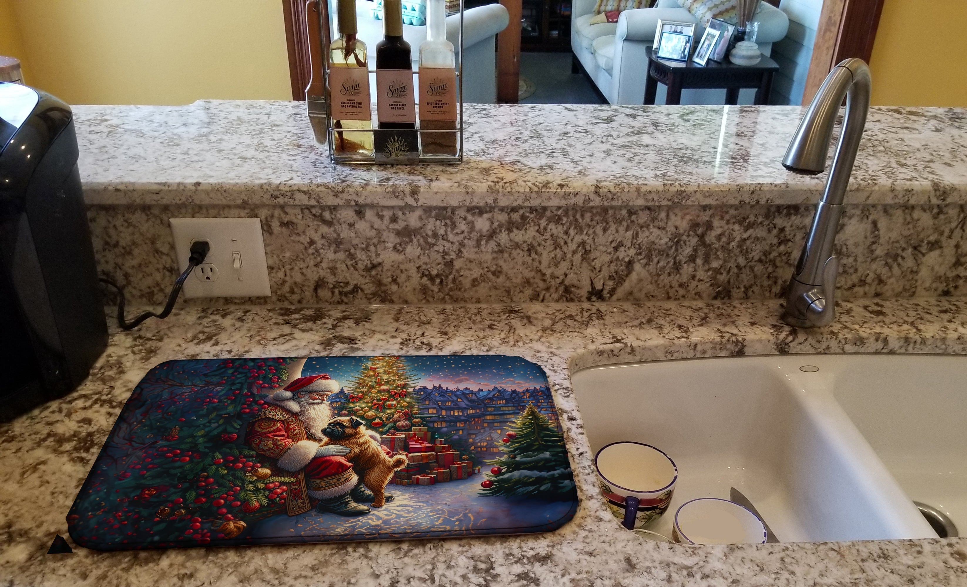 Brussels Griffon and Santa Claus Dish Drying Mat Absorbent Dish Drying Mat Pad for Kitchen Counter Dish Drainer Mat for Countertop, 14 x 21", Multicolor