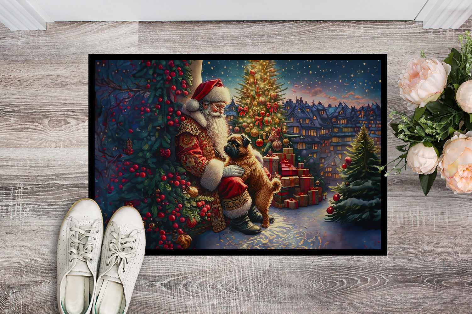 Brussels Griffon and Santa Claus Doormat Indoor Outdoor 24H X 36W Front Door Mat Rugs for Entryway, Non Slip Washable Low Pile,