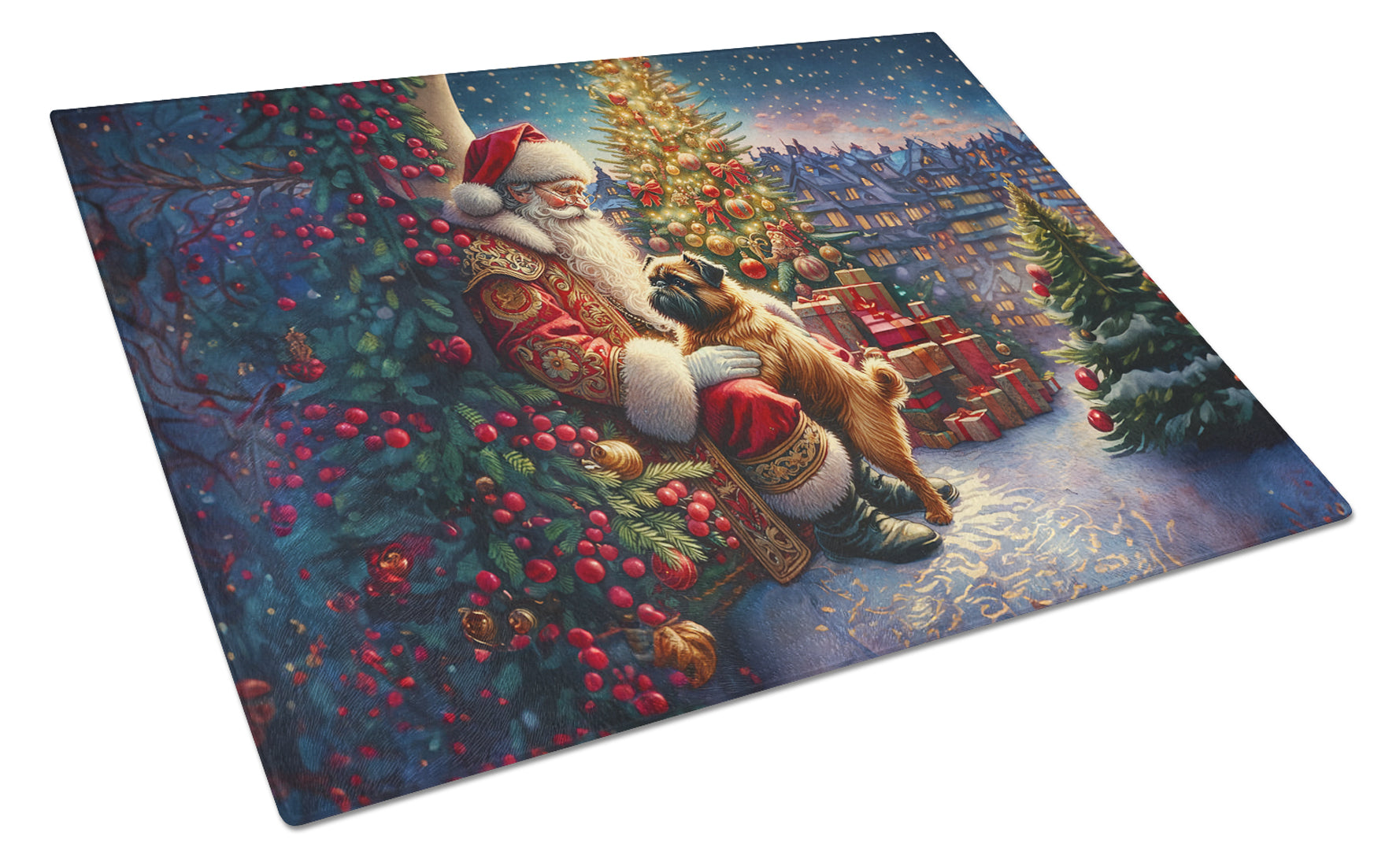 Brussels Griffon and Santa Claus Cutting Board Tempered Glass Kitchen Cutting Surface, Heat Resistant Chopping, Non-Slip Feet, Food Prep & Serving