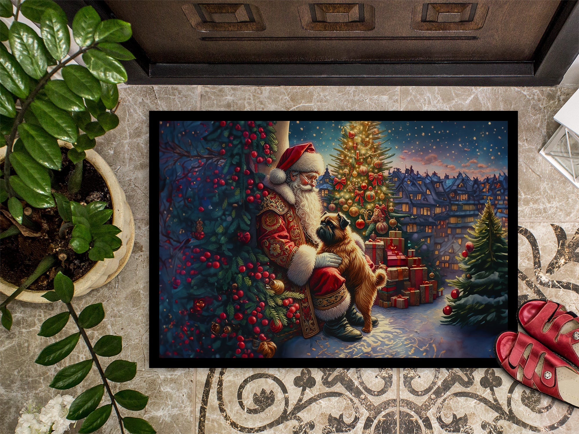 Brussels Griffon and Santa Claus Doormat Indoor Outdoor 18H X 27W Front Door Mat Rugs for Entryway, Non Slip Washable