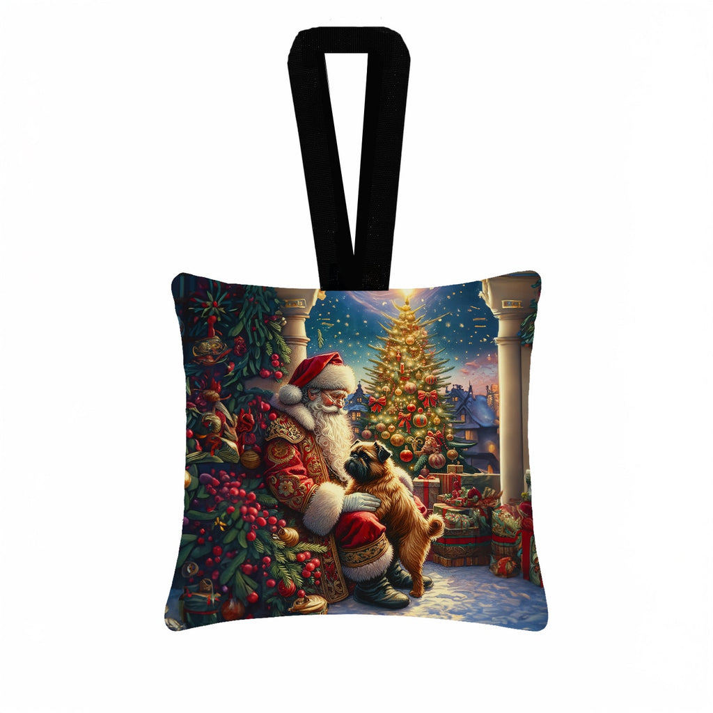 Brussels Griffon and Santa Claus Hanging Square Fabric Ornament 3.5 × 3.5 Decorative Door-Knob & Tree Hanger, Soft Fabric