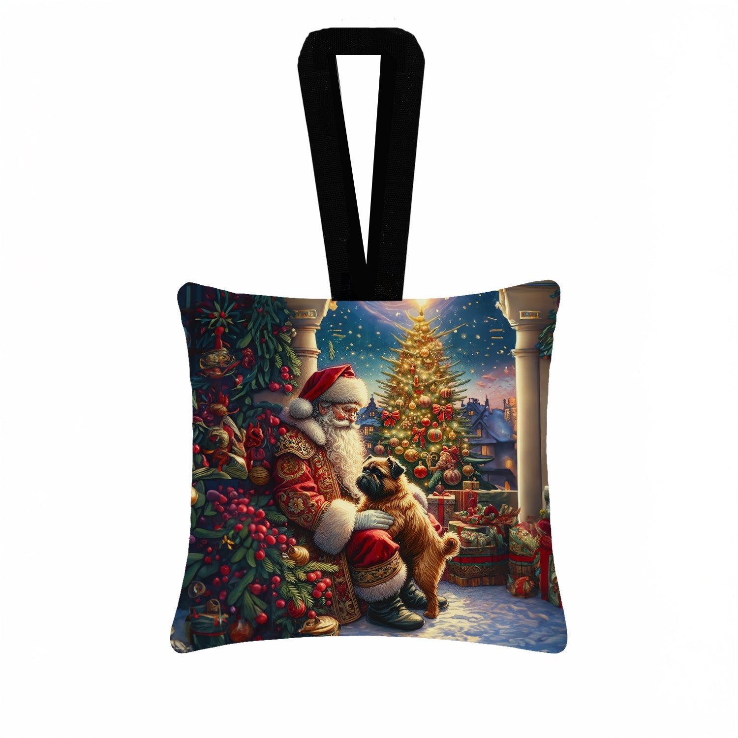 Brussels Griffon and Santa Claus Hanging Square Fabric Ornament 3.5 × 3.5 Decorative Door-Knob & Tree Hanger, Soft Fabric