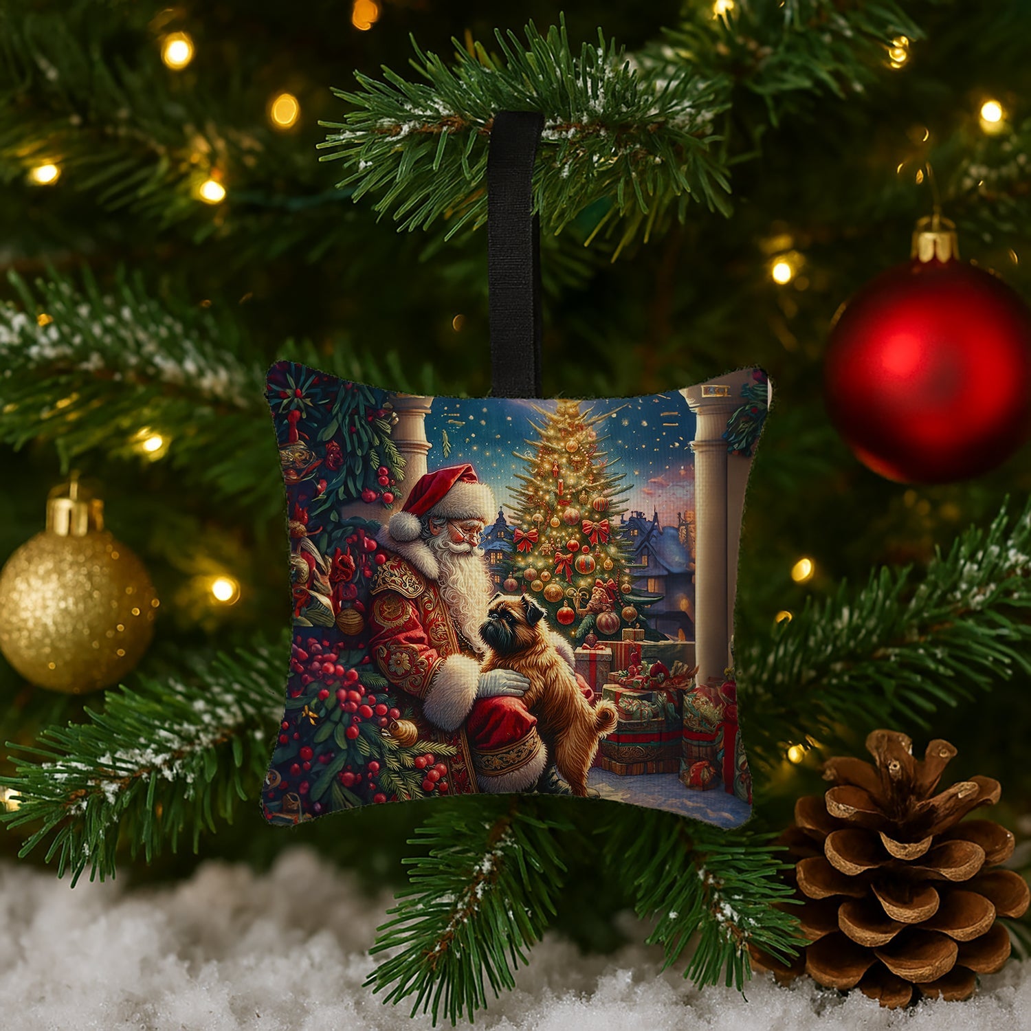 Brussels Griffon and Santa Claus Hanging Square Fabric Ornament 3.5 × 3.5 Decorative Door-Knob & Tree Hanger, Soft Fabric