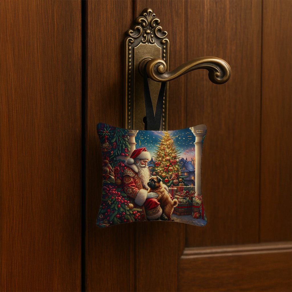 Brussels Griffon and Santa Claus Hanging Square Fabric Ornament 3.5 × 3.5 Decorative Door-Knob & Tree Hanger, Soft Fabric