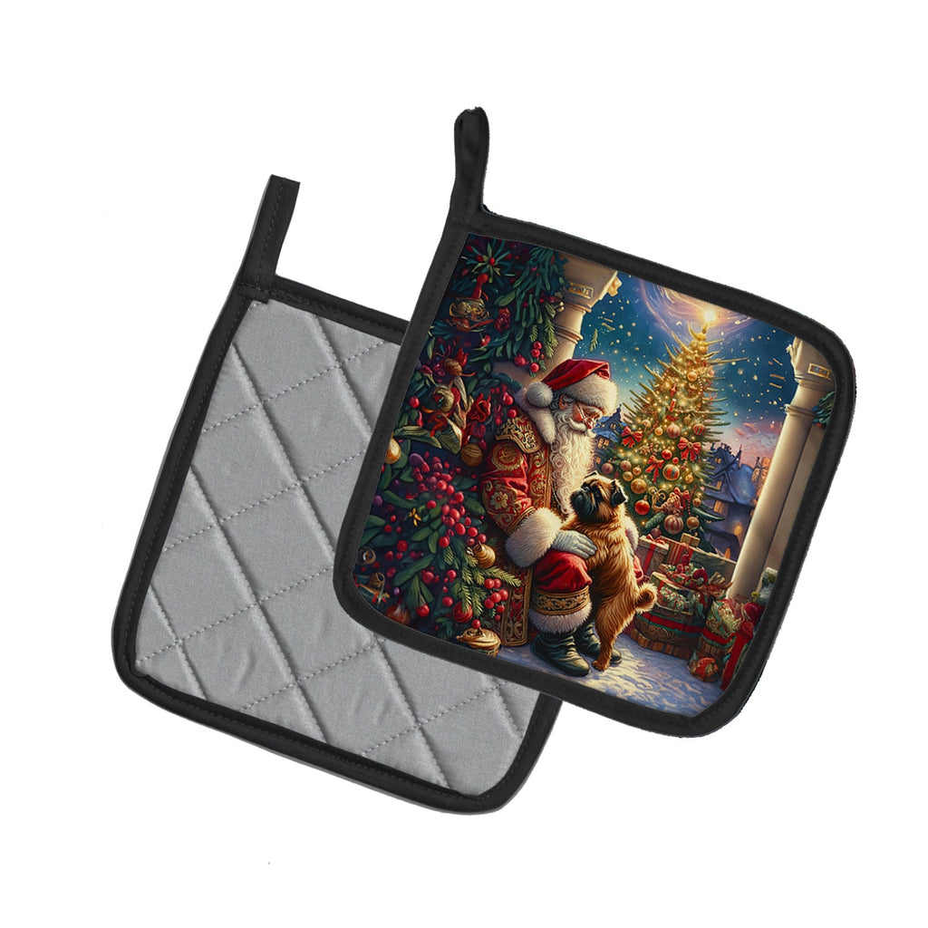 Brussels Griffon and Santa Claus Pot Holder Set of 2 Heat Resistant Quilted Hot Pads 7.5 x 7.5 Inch, Insulated Kitchen Trivets for Cooking & Baking
