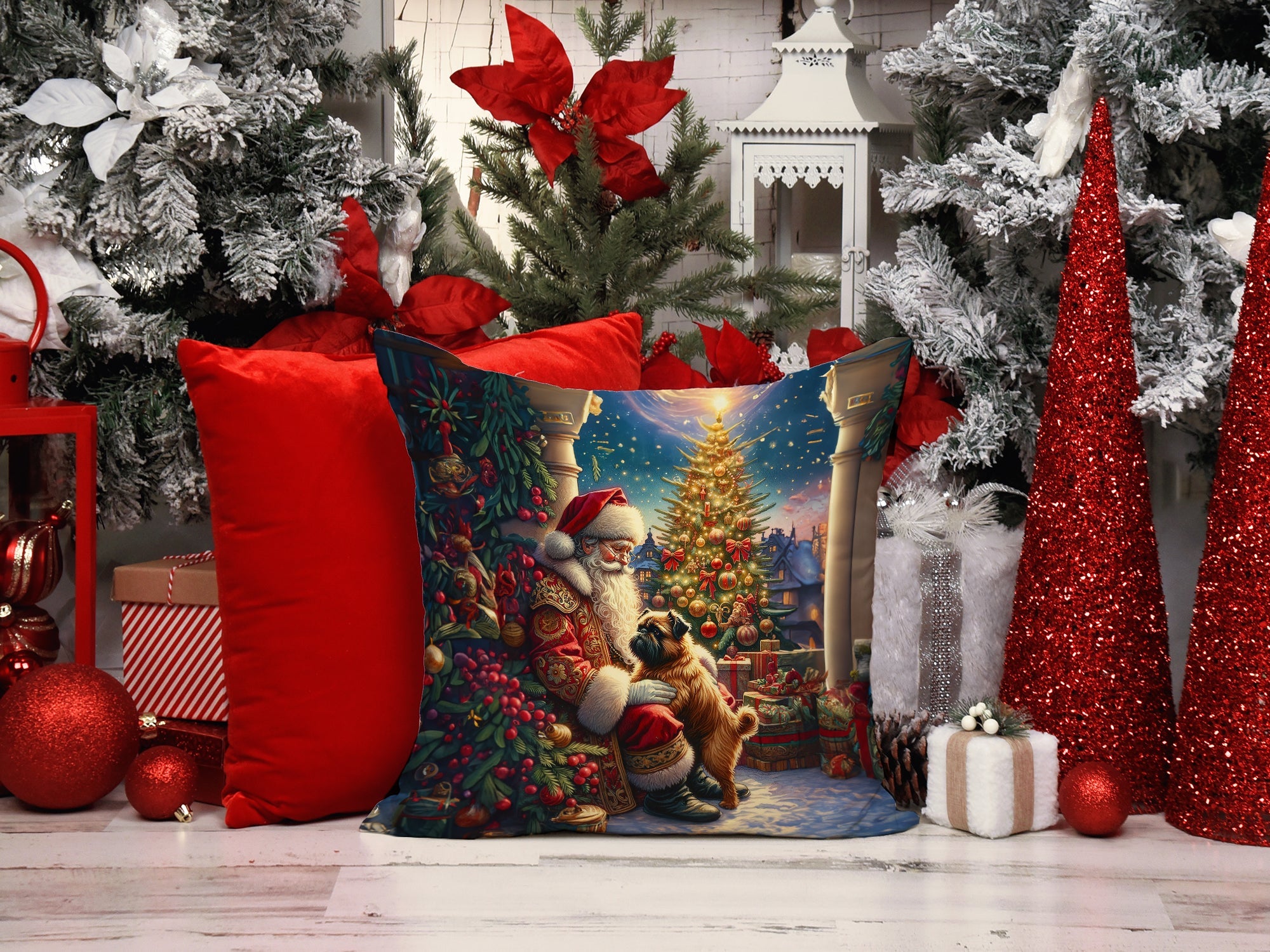 Brussels Griffon and Santa Claus Decorative Throw Pillow 14x14 Indoor Outdoor Accent Cushion, Fabric Cover with Insert for Sofa, Bed, Porch & Living Room