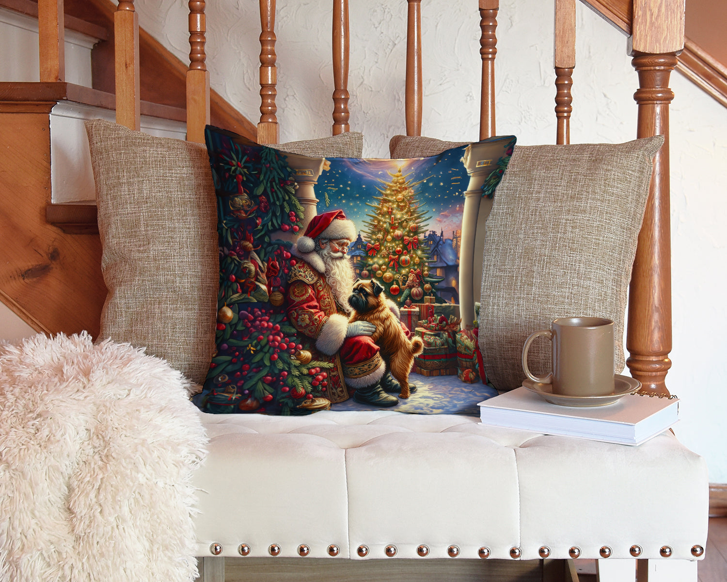 Brussels Griffon and Santa Claus Decorative Throw Pillow 14x14 Indoor Outdoor Accent Cushion, Fabric Cover with Insert for Sofa, Bed, Porch & Living Room