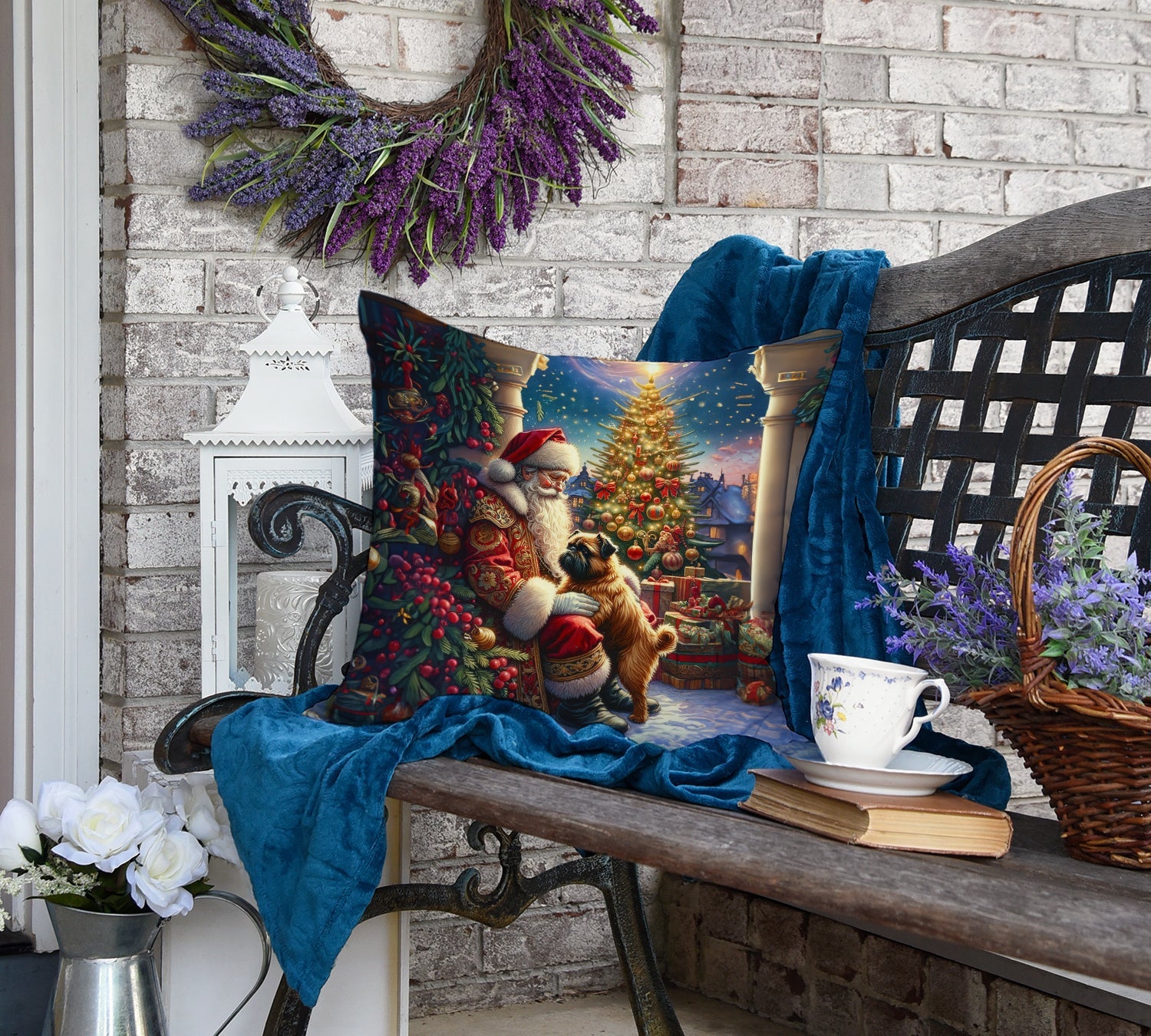 Brussels Griffon and Santa Claus Decorative Throw Pillow 18x18 Indoor Outdoor Accent Cushion, Fabric Cover with Insert for Sofa, Bed, Porch & Living Room