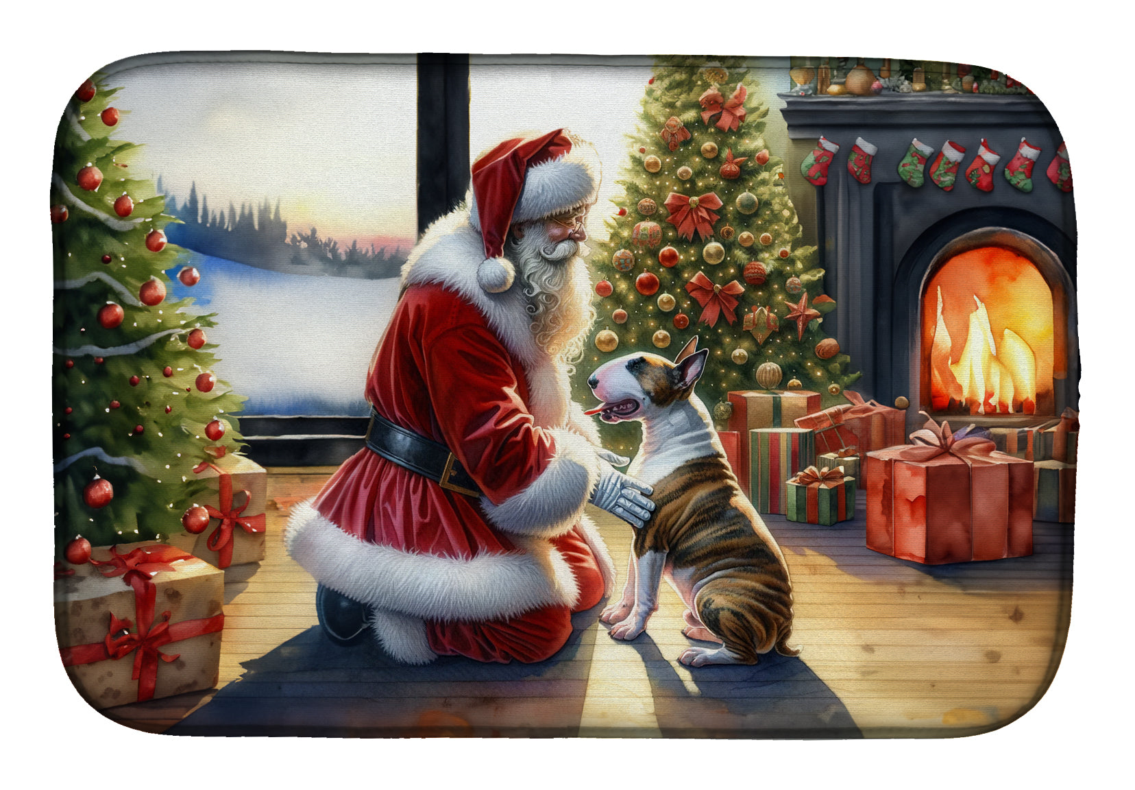 Bull Terrier and Santa Claus Dish Drying Mat Absorbent Dish Drying Mat Pad for Kitchen Counter Dish Drainer Mat for Countertop, 14 x 21", Multicolor