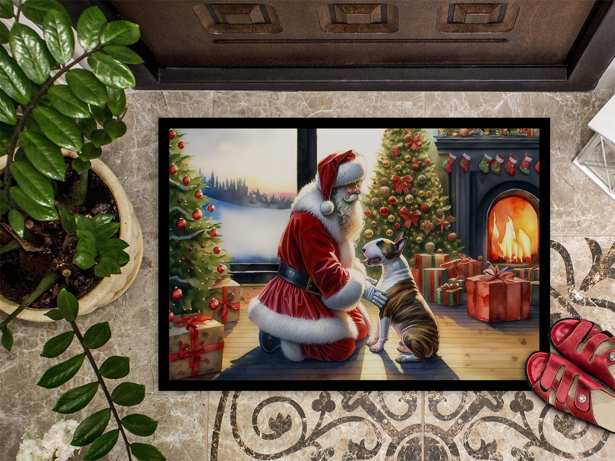 Bull Terrier and Santa Claus Doormat Indoor Outdoor 24H X 36W Front Door Mat Rugs for Entryway, Non Slip Washable Low Pile,