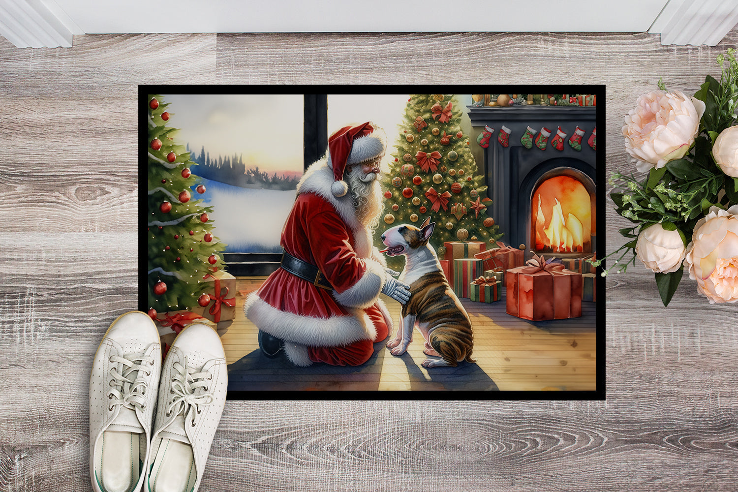 Bull Terrier and Santa Claus Doormat Indoor Outdoor 18H X 27W Front Door Mat Rugs for Entryway, Non Slip Washable