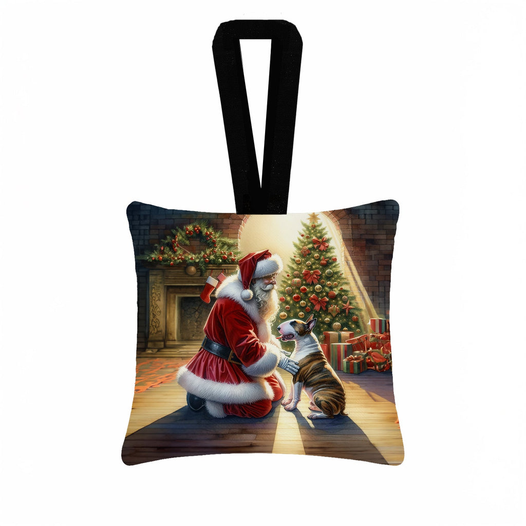 Bull Terrier and Santa Claus Hanging Square Fabric Ornament 3.5 × 3.5 Decorative Door-Knob & Tree Hanger, Soft Fabric