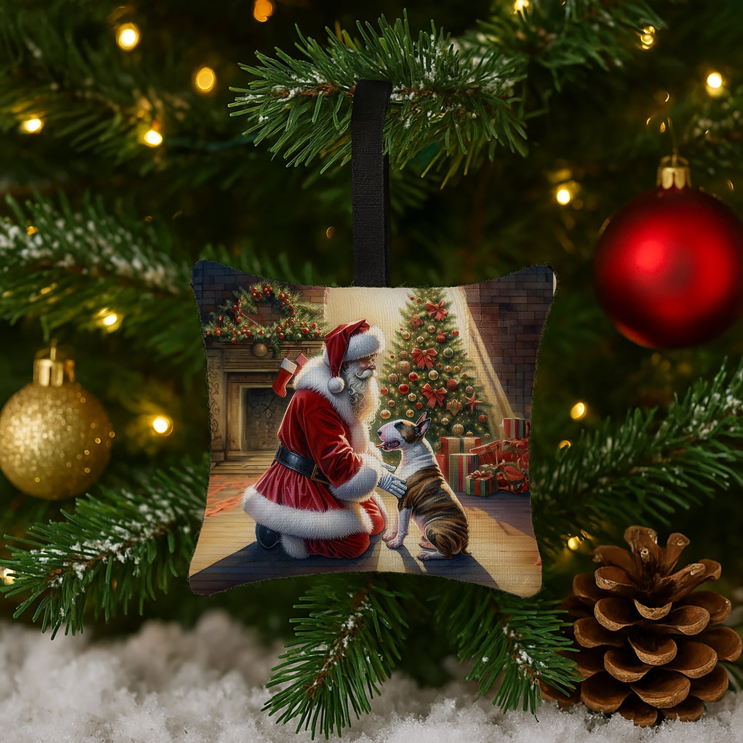 Bull Terrier and Santa Claus Hanging Square Fabric Ornament 3.5 × 3.5 Decorative Door-Knob & Tree Hanger, Soft Fabric
