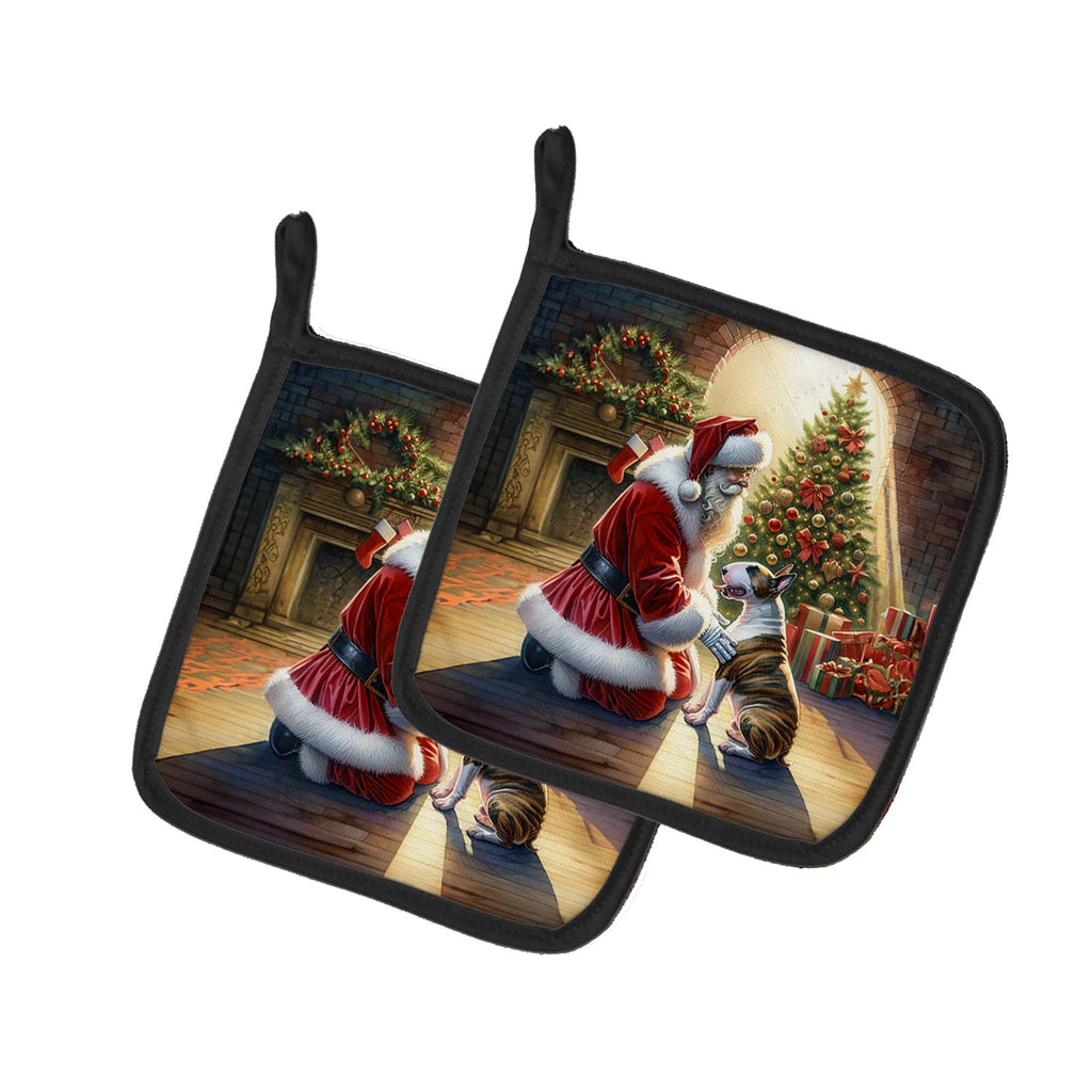 Bull Terrier and Santa Claus Pot Holder Set of 2 Heat Resistant Quilted Hot Pads 7.5 x 7.5 Inch, Insulated Kitchen Trivets for Cooking & Baking