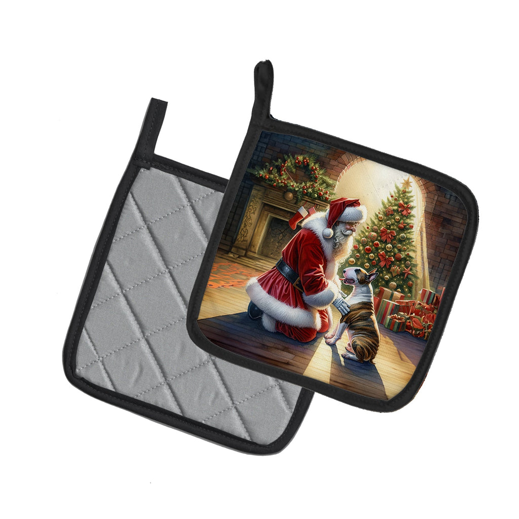 Bull Terrier and Santa Claus Pot Holder Set of 2 Heat Resistant Quilted Hot Pads 7.5 x 7.5 Inch, Insulated Kitchen Trivets for Cooking & Baking