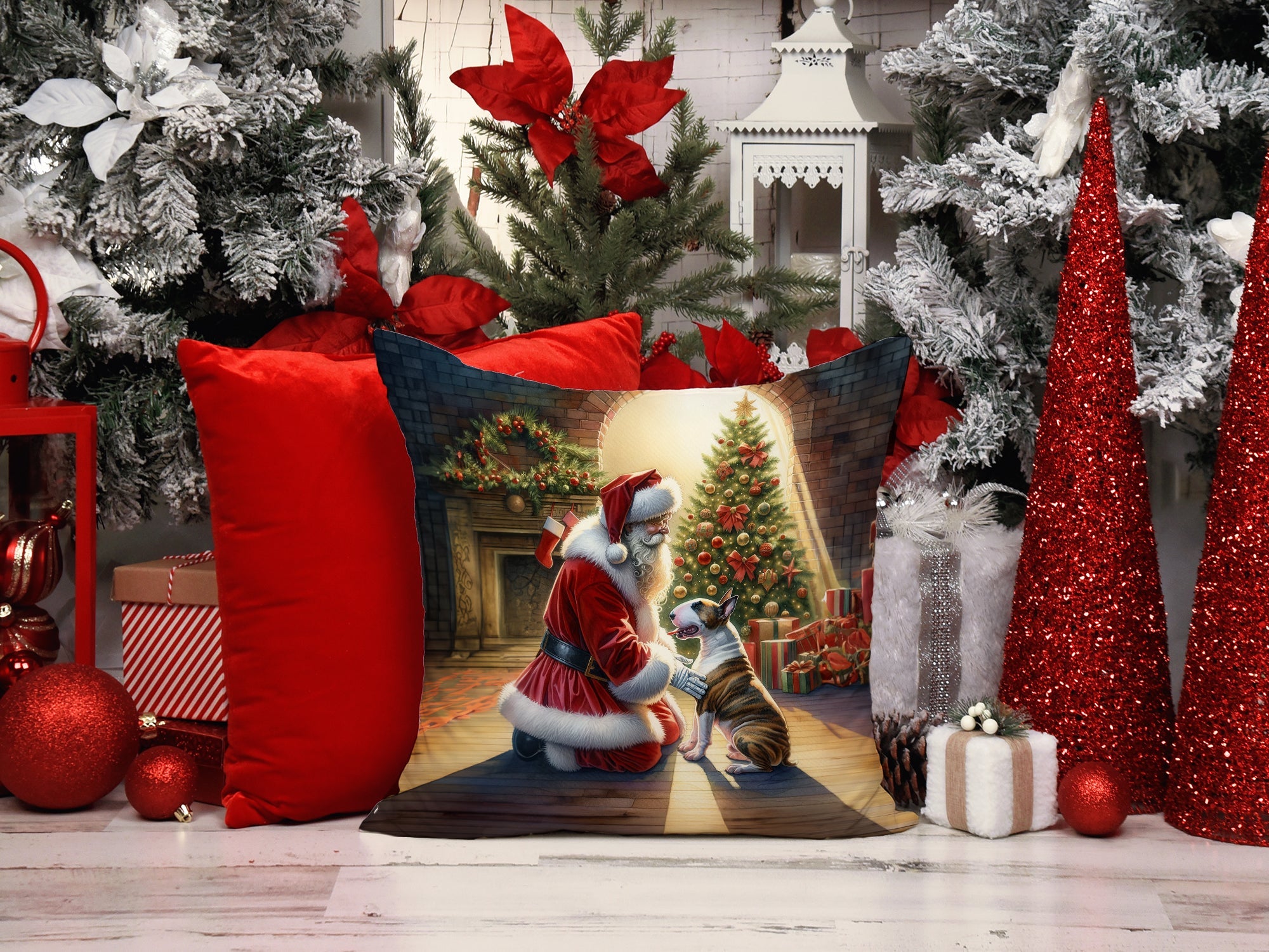 Bull Terrier and Santa Claus Decorative Throw Pillow 14x14 Indoor Outdoor Accent Cushion, Fabric Cover with Insert for Sofa, Bed, Porch & Living Room
