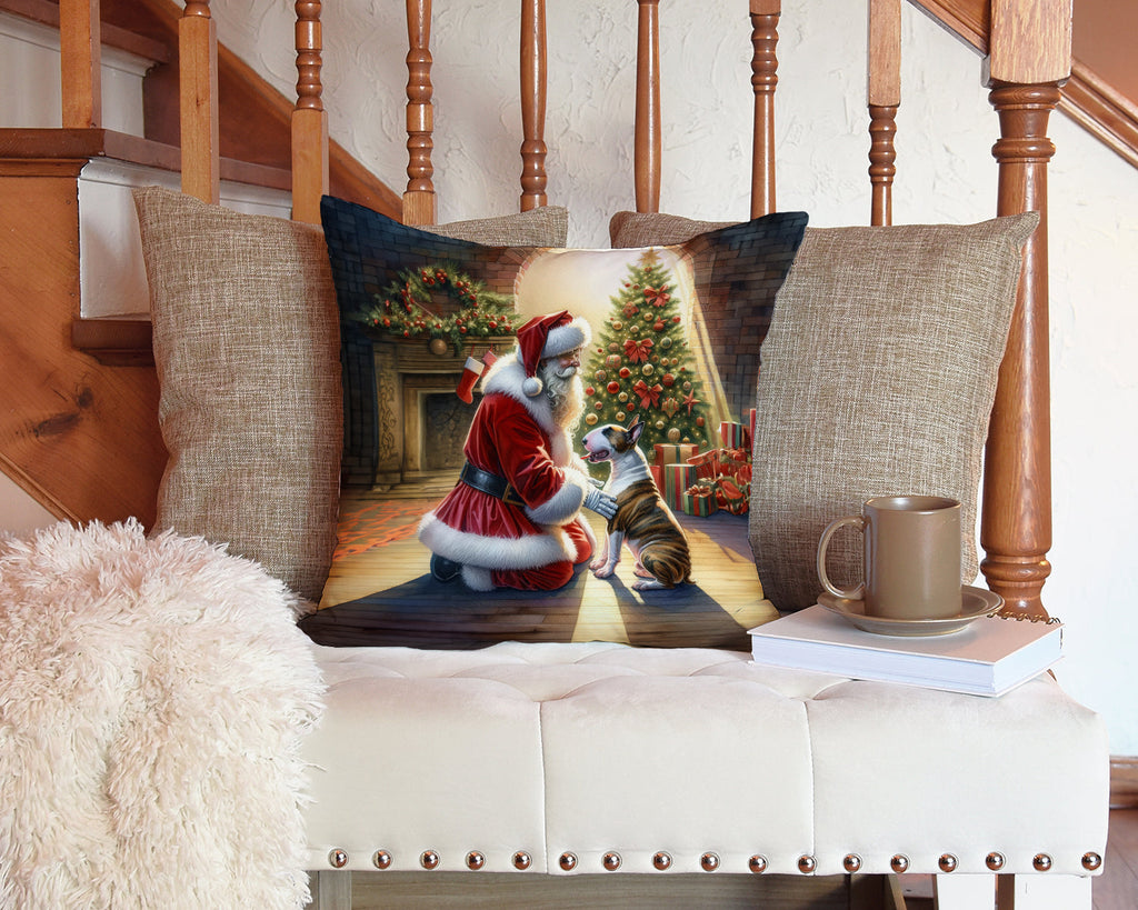 Bull Terrier and Santa Claus Decorative Throw Pillow 14x14 Indoor Outdoor Accent Cushion, Fabric Cover with Insert for Sofa, Bed, Porch & Living Room