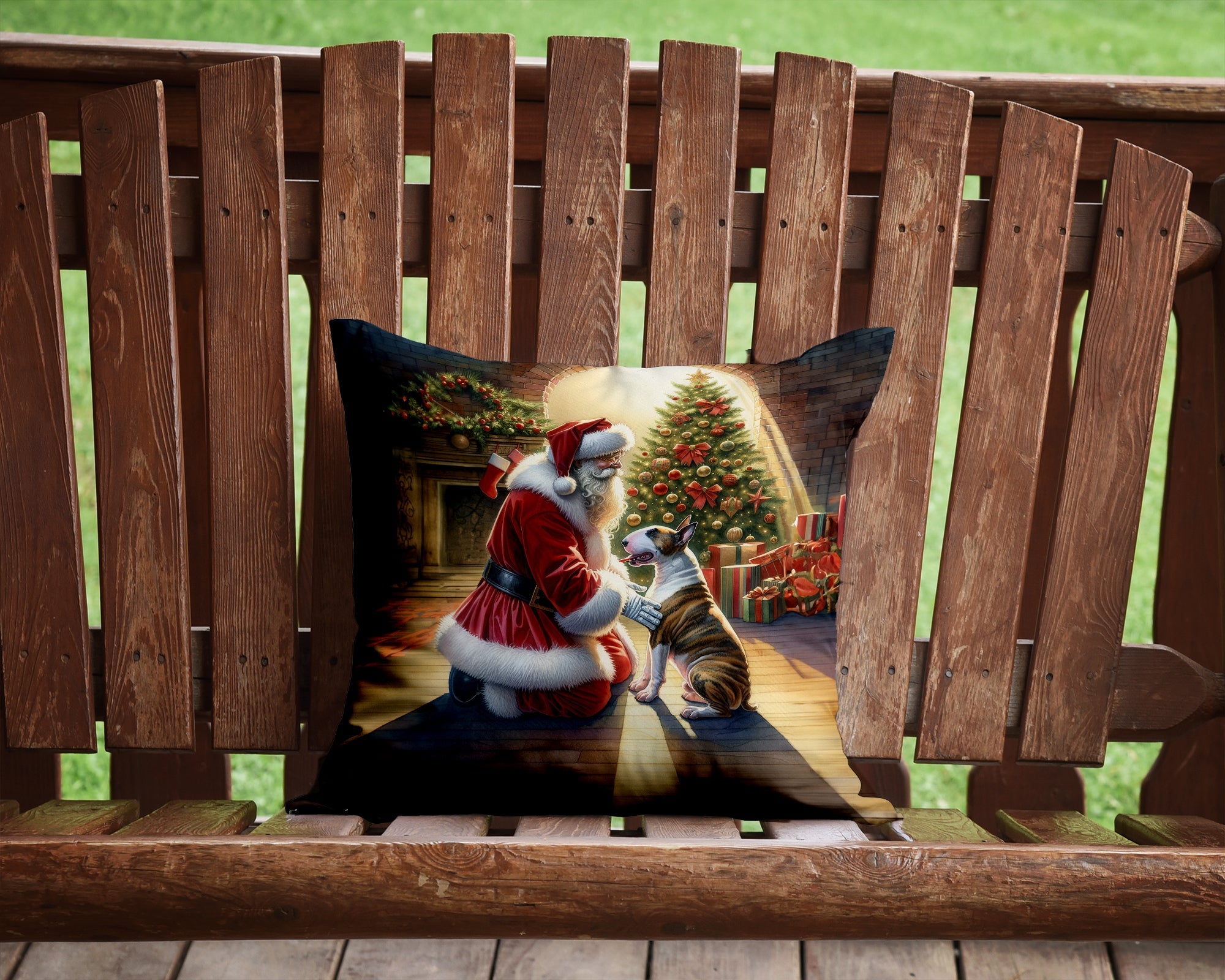 Bull Terrier and Santa Claus Decorative Throw Pillow 14x14 Indoor Outdoor Accent Cushion, Fabric Cover with Insert for Sofa, Bed, Porch & Living Room